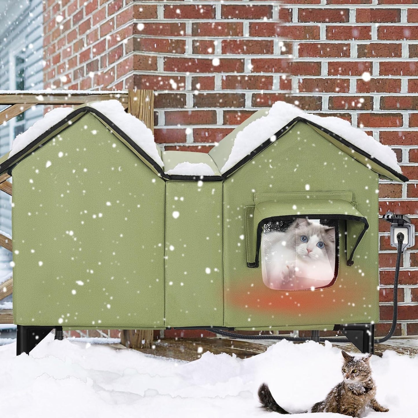 Heated Cat House, Extra Large Heated Outdoor Cat House Weatherproof with Heating Pad for Winter, Elevated Waterproof Insulated Cat Houses for Outdoor Cats, Warm Feral Cat Shelter (Green)