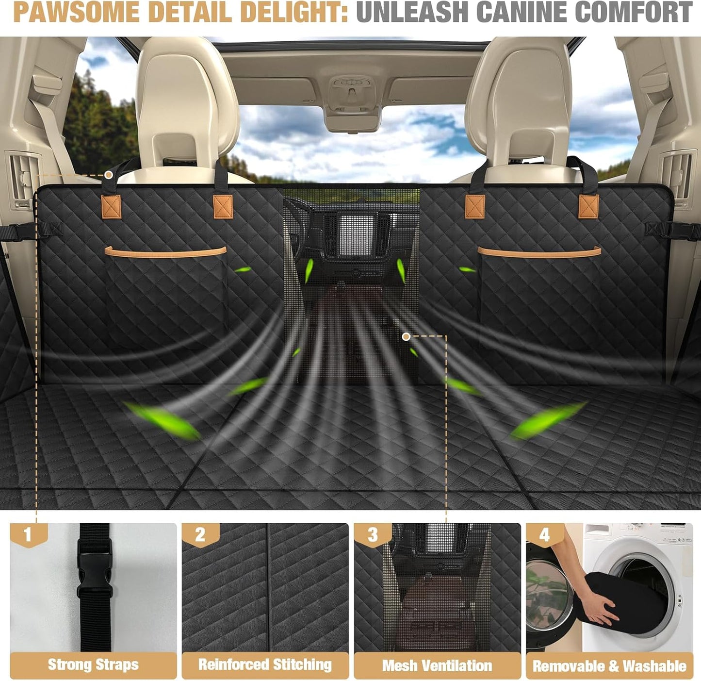 Lekereise Back Seat Extender for Dogs, Hard-Bottom Hammock Holds up to 400 lb, Waterproof with Mesh Window & Storage Pockets – Universal Fit, Black