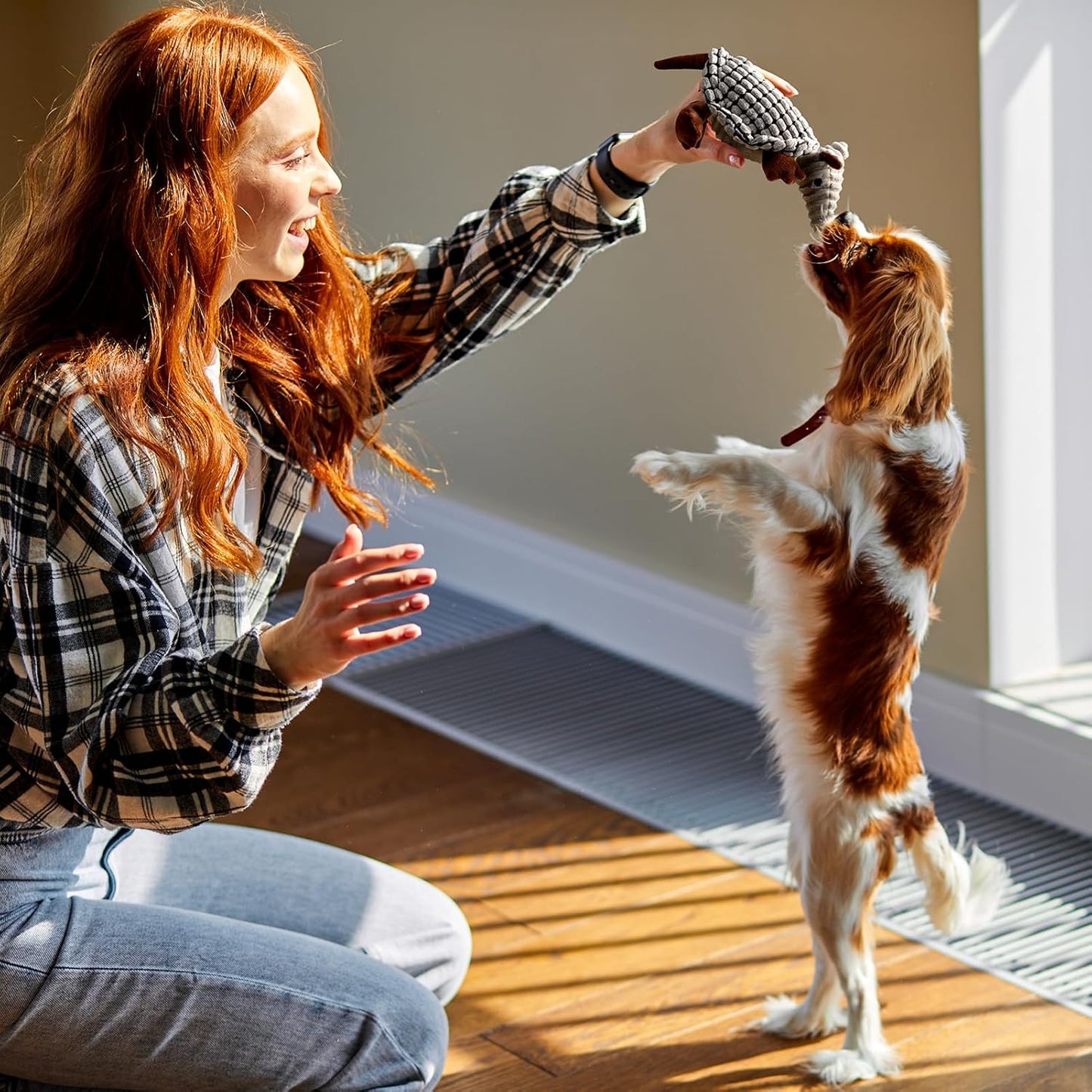 Hollypet Plush Dog Squeaky Toy Stuffed Armadillo Animal Pet Puppy Chew Toys with Clean Teeth for Small Medium Large All Breed Sizes Dogs, Gray, 8 in