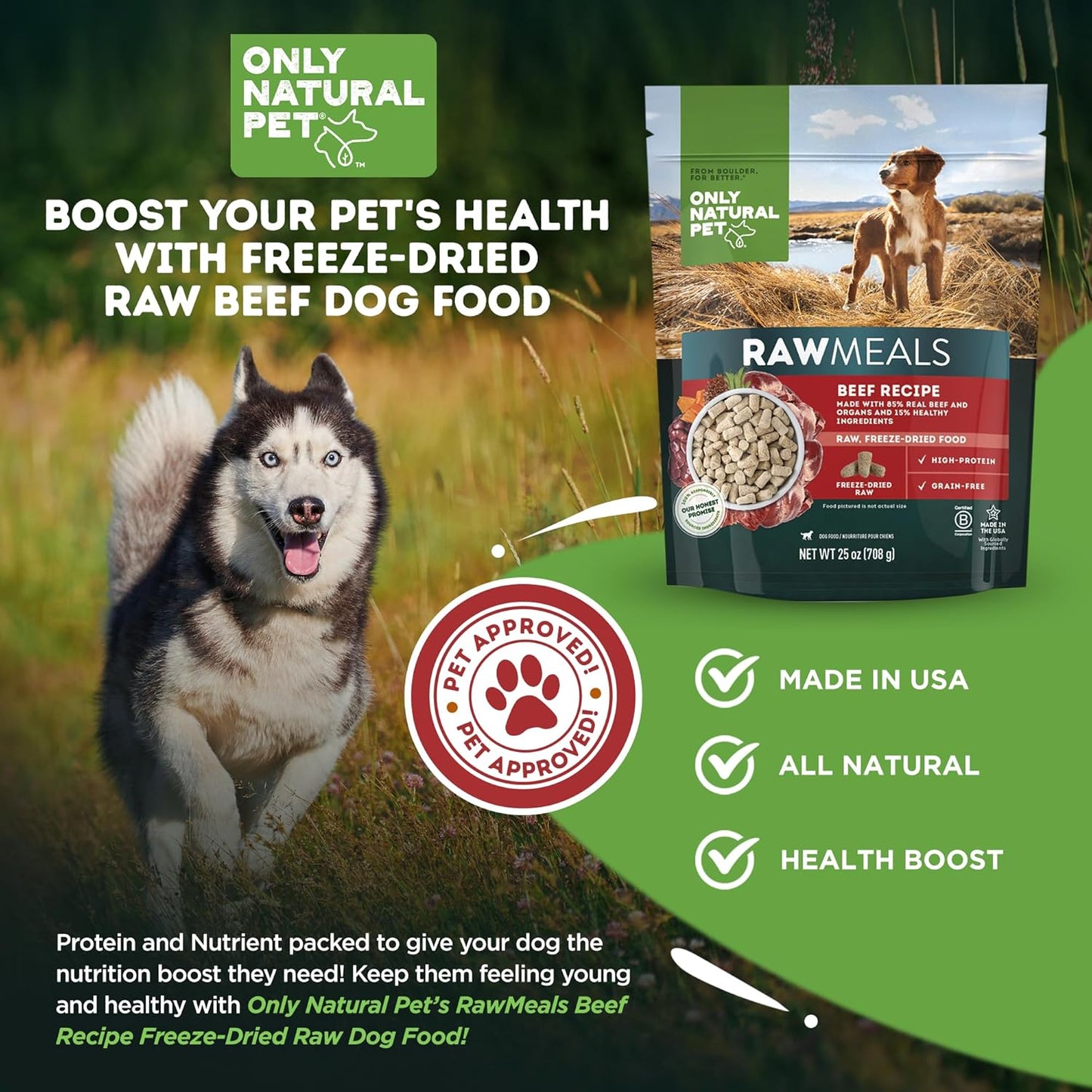 Only Natural Pet RawMeals Beef Recipe Freeze-Dried Dog Food - High-Protein, Grain-Free, with Organ Meat, Fruits & Veggies - Complete Meal, Topper or Treat for All Breeds & Picky Eaters - 25 oz