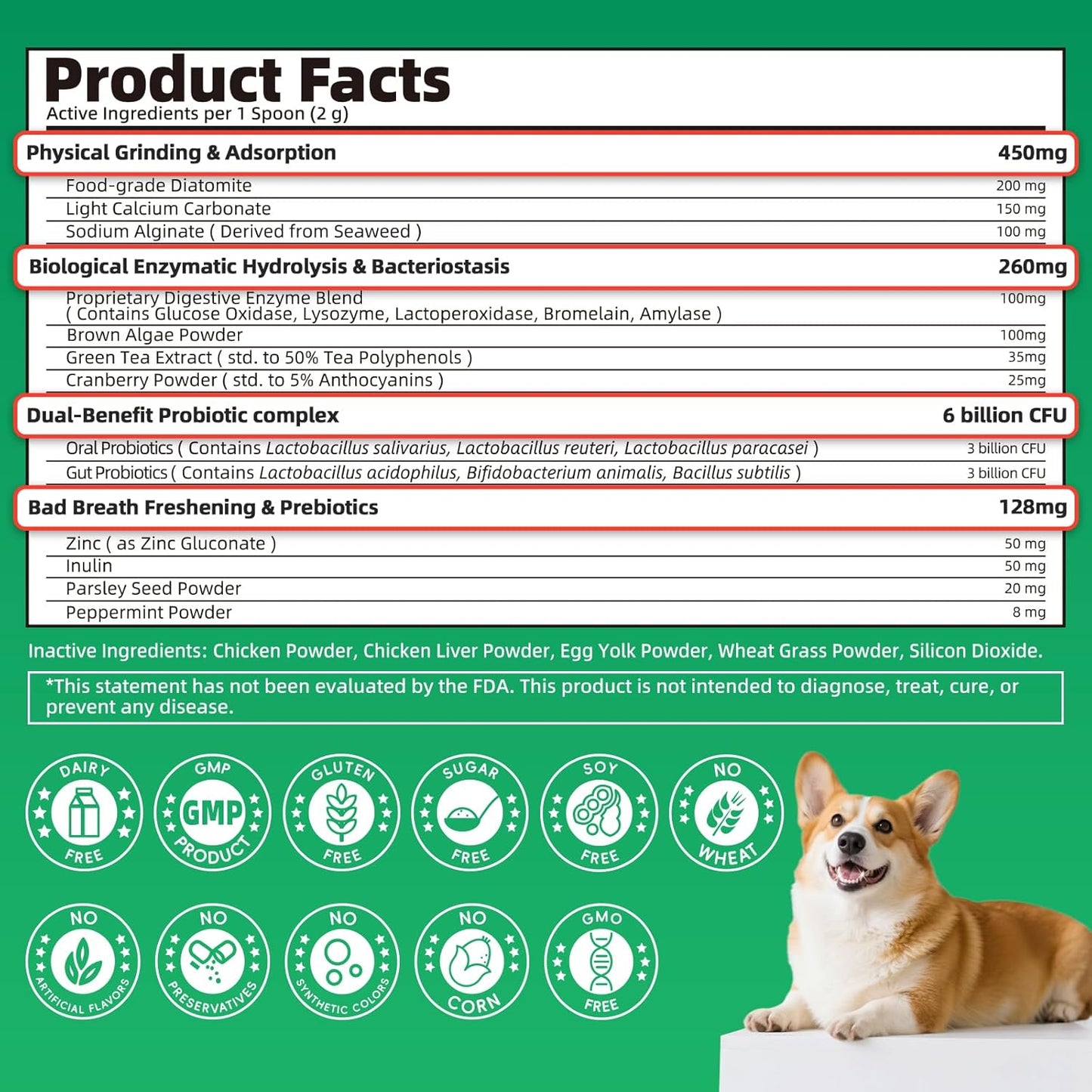 Dog Dental Powder – Teeth Cleaning Powder with 6B CFU Probiotics, Enzymes & Antioxidants, Plaque & Tartar Off, Fresh Breath Support, No Brushing Oral Care, Mint Chicken Flavor, 75 Servings