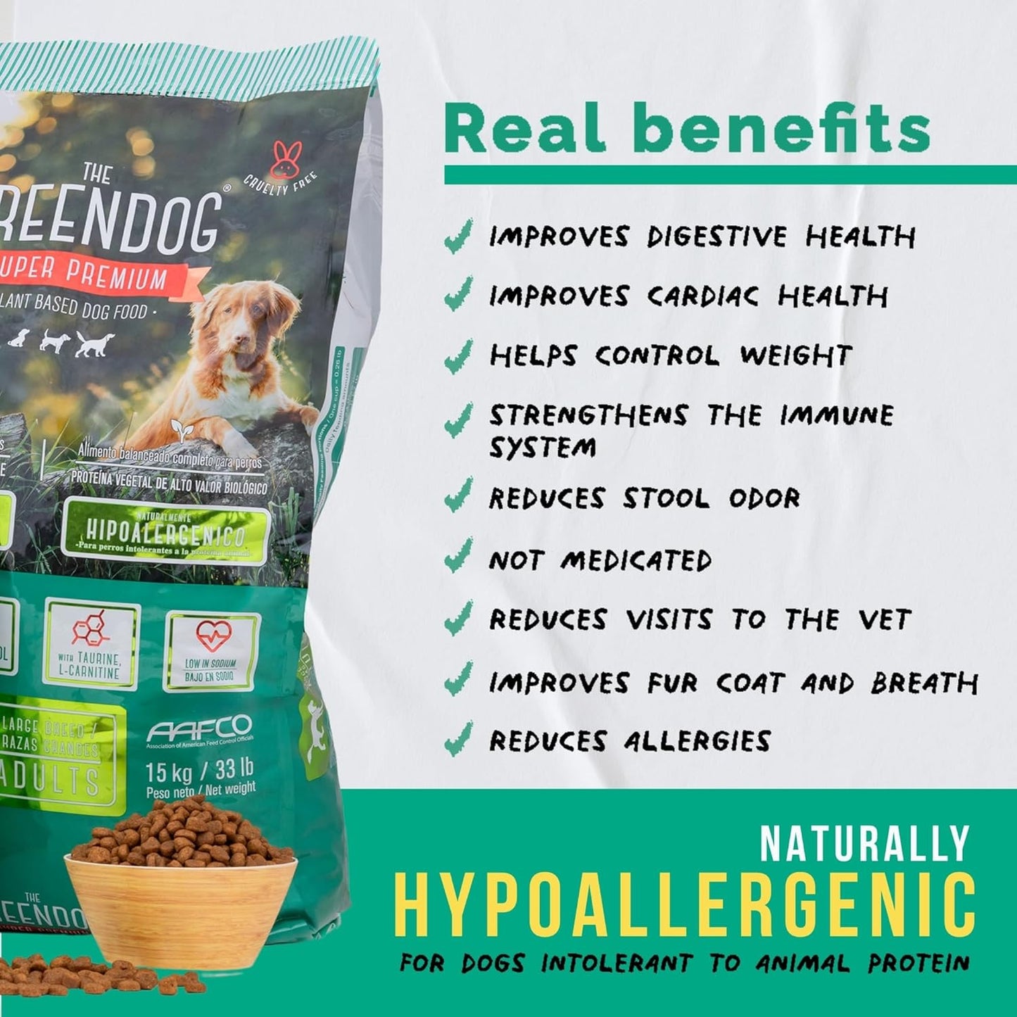 The Green Dog: Super Premium - Adult Regular Bite - 6.6 Lb Bag Dog Food - Plant Based Protein, Vegan Dry Pet Kibble, Gluten Free, Complete Nutrition