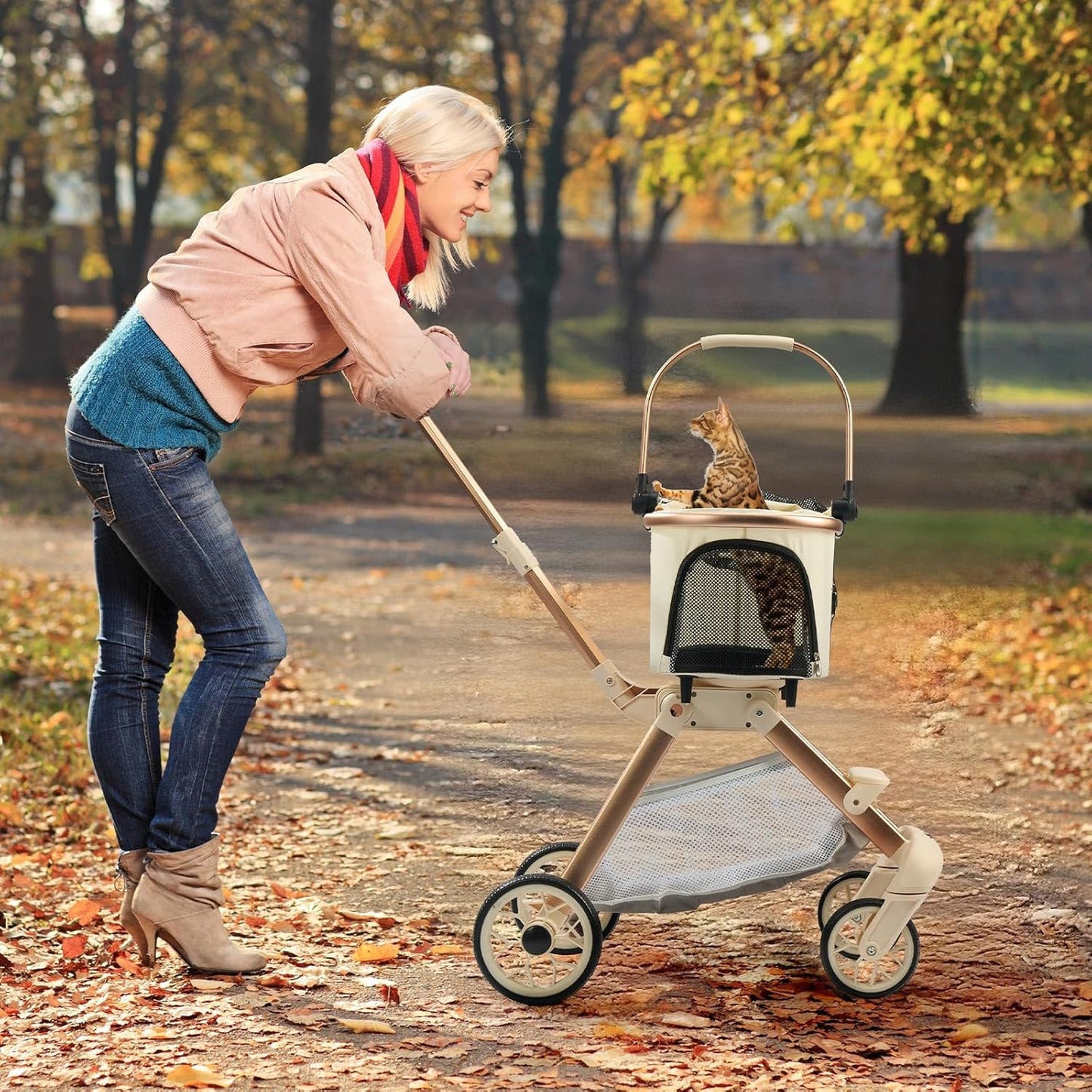 3-in-1 Foldable Pet Stroller for Medium Dogs Cats up to 50lbs, Adjustable Handle Detachable Carrier Car Seat, 5" Lockable All-Terrain Wheels, Large Storage Basket