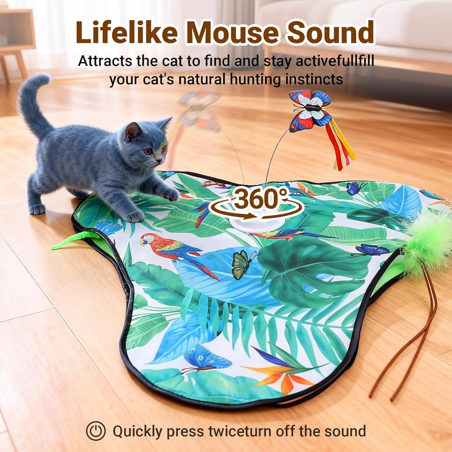 Interactive Cat Toys Rechargeable,Moving Concealed Feathers,Real Mouse Squeaky,Touch Activated Cat Kitten Toy Exercise Toys for Indoor Bored Adult Cats (Green)