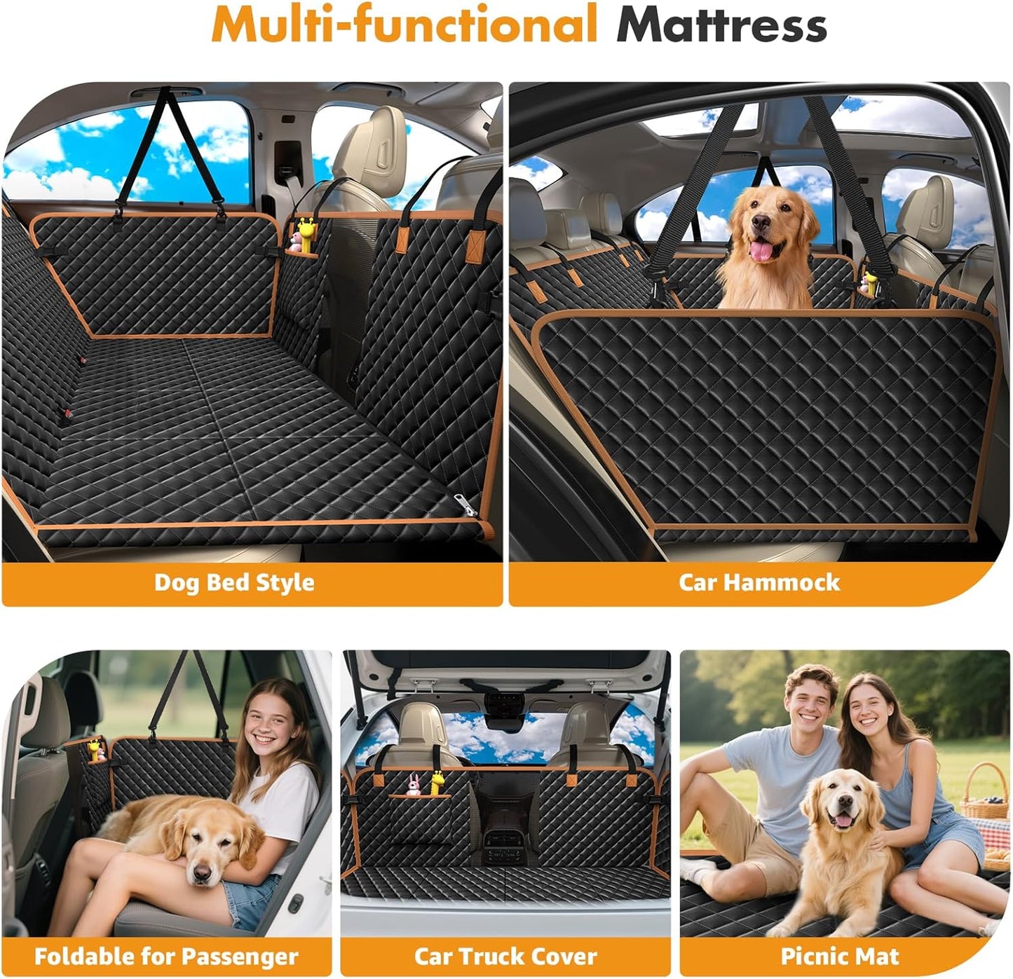 Dog Car Seat Cover for Back Seat, Backseat Extender for Dogs Hard Bottom, Car Back Seat Extender for Dogs, Dog Hammock for Cars, Black