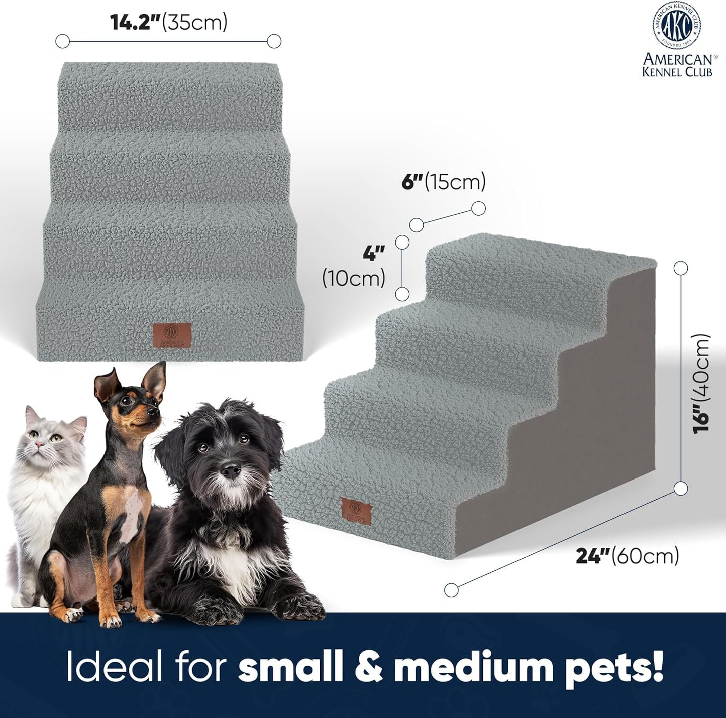 AKC 4-Step Pet Stairs – Durable, Non-Slip Steps for Small Dogs and Cats, Washable Cover, Simple No-Tool Assembly, Supports Up to 50 lbs