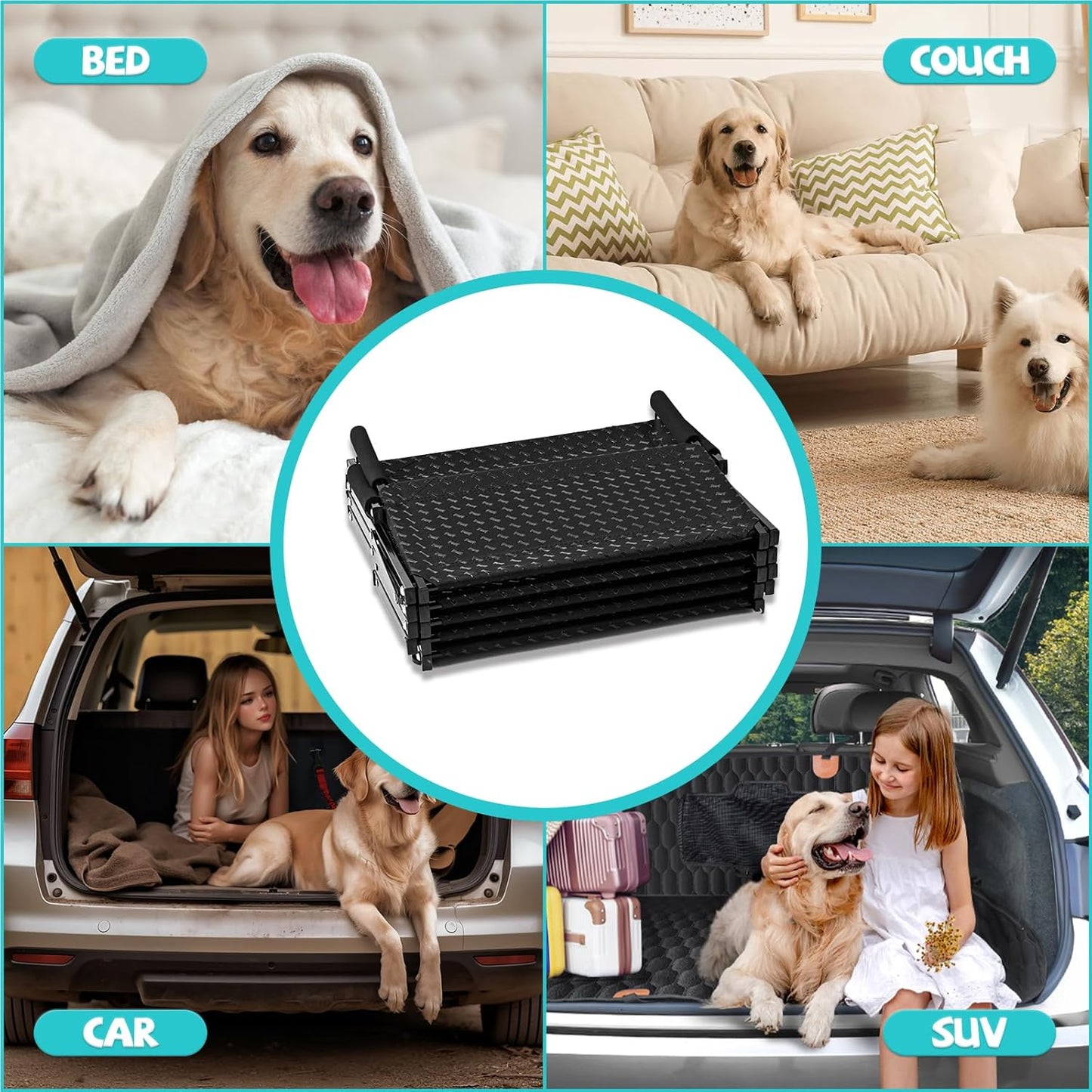 Dog Stairs for Car - Foldable Dog Ramps for Dogs with Non Slip Surface, Portable Pet Stairs for Cars and SUV, Truck, Sofas, Bed Support Up to 200 lbs (5 Steps)