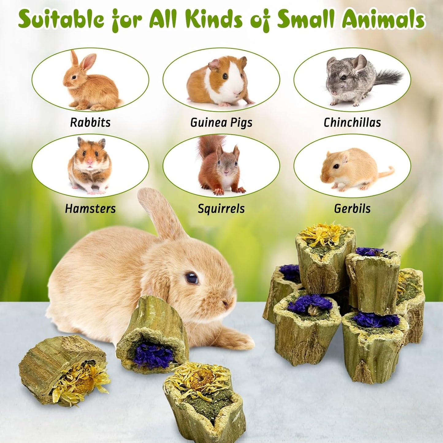 PINVNBY Natural Rabbit Chew Toys Organic Papaya Wood Bunny Treats with Alfalfa Hay and Dried Flower Guniea Pig Molar Snacks for Hamster Chinchilla Gerbil Small Animals Teeth Grinding (7.05 oz/200 g)