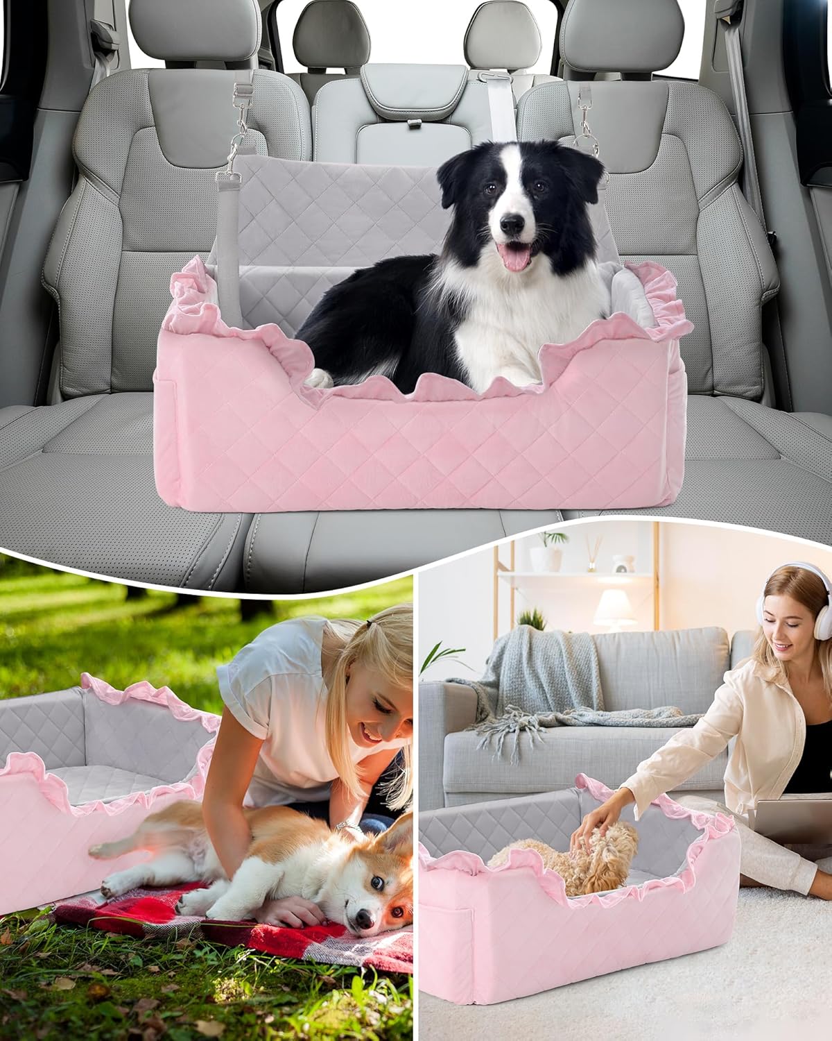 Dog Car Seat for Large Medium Dogs Under 55 lbs, Dog Booster Seat for 2 Small Dogs, Detachable Washable Pet Travel Bed with Thick Memory Foam Cushion, Safety Belt and Storage Pockets | Pink