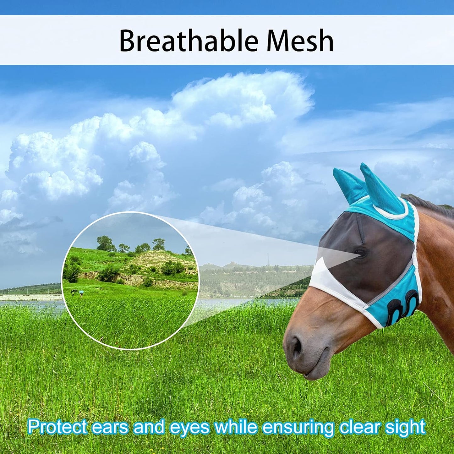 Andiker Soft Mesh Horse Fly Mask with Ears, Breathable Horse Face Mask Protect Eyes and Face (Green, Medium)