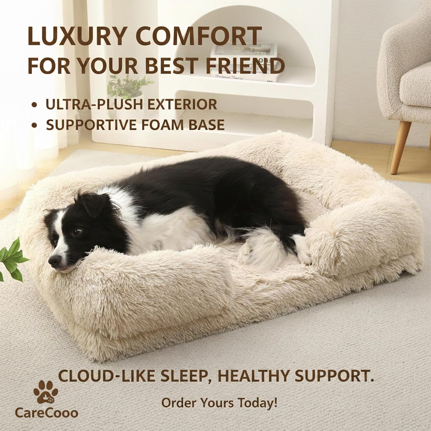 Orthopedic Dog Bed for Medium Dogs - Washable Memory Foam Pet Sofa, Fluffy Plush Rectangular Bed, Waterproof Anti-Anxiety Couch, Light Brown, M