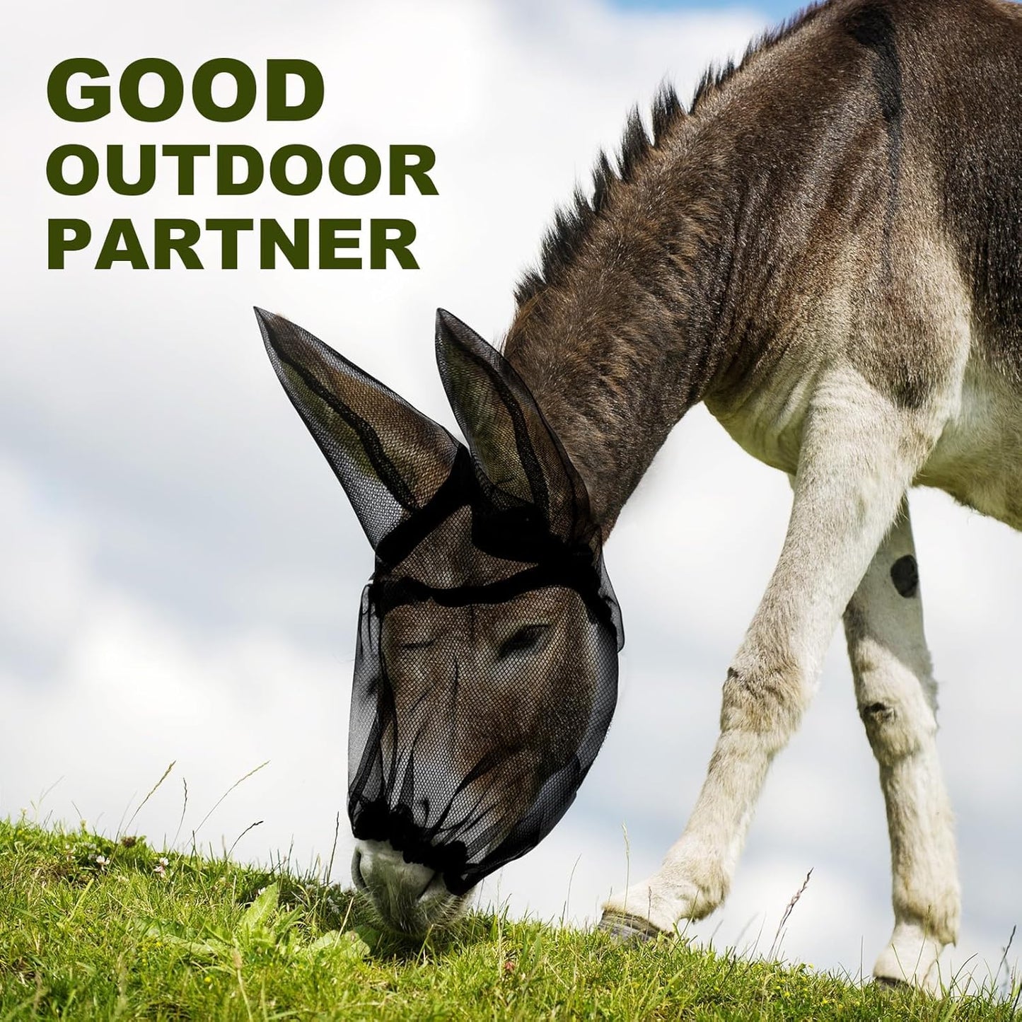 Small Donkey Fly Mask with Ears Protection Breathable Mule Fly Mask with Long Ears Protection from Insects and Bugs Soft Mesh with Adjustable Fastener Easy to get on and Off(Black)