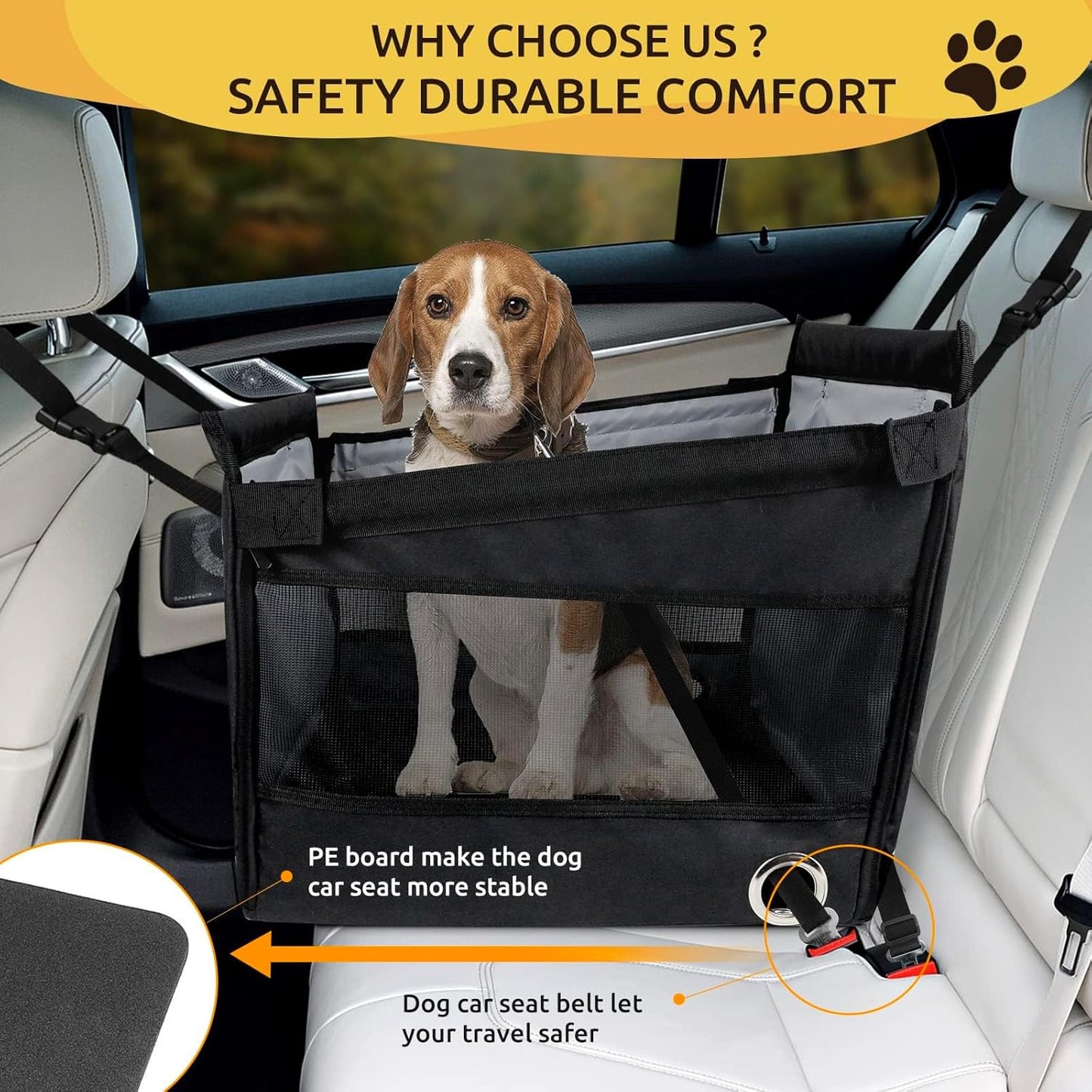 Black Portable Dogs Car Seat for Travel Dogs, Safety Leash, Adjustable Straps, Medium Dog Car Seat, Dog Travel Bed Washable Foldable, with Storage Pockets