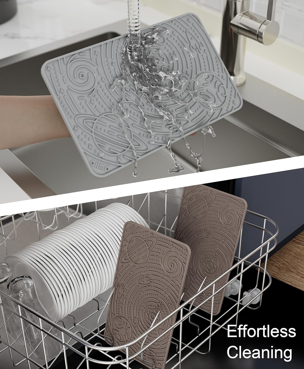 OHMO Lick Mat for Dogs & Cats - Large Size 9.8"×5.9" (2pcs,Ash+Beige) - Space Star Design Slow Feeder with Suction Cups, Keep Them Busy & Anxiety Relief, Easy Clean Enrichment Accessories