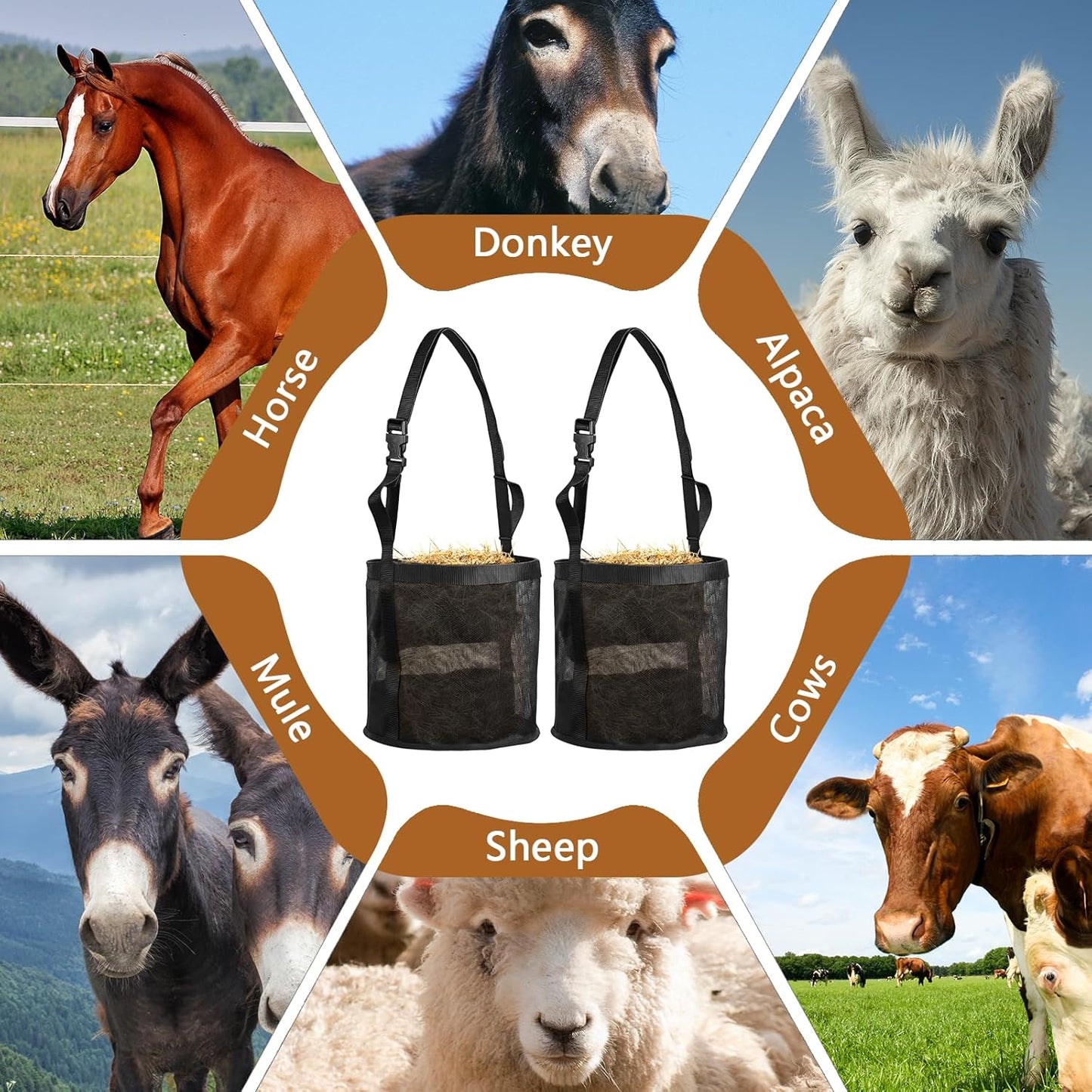 2 Pcs Horse Feed Bag Comfort Breathable Mesh Feed Bucket Heavy Duty Feed Bag with Adjustable Strap and Waterproof Bottom for Horse Feeding Supplies Muzzle Feed Bag, Medium (Black)