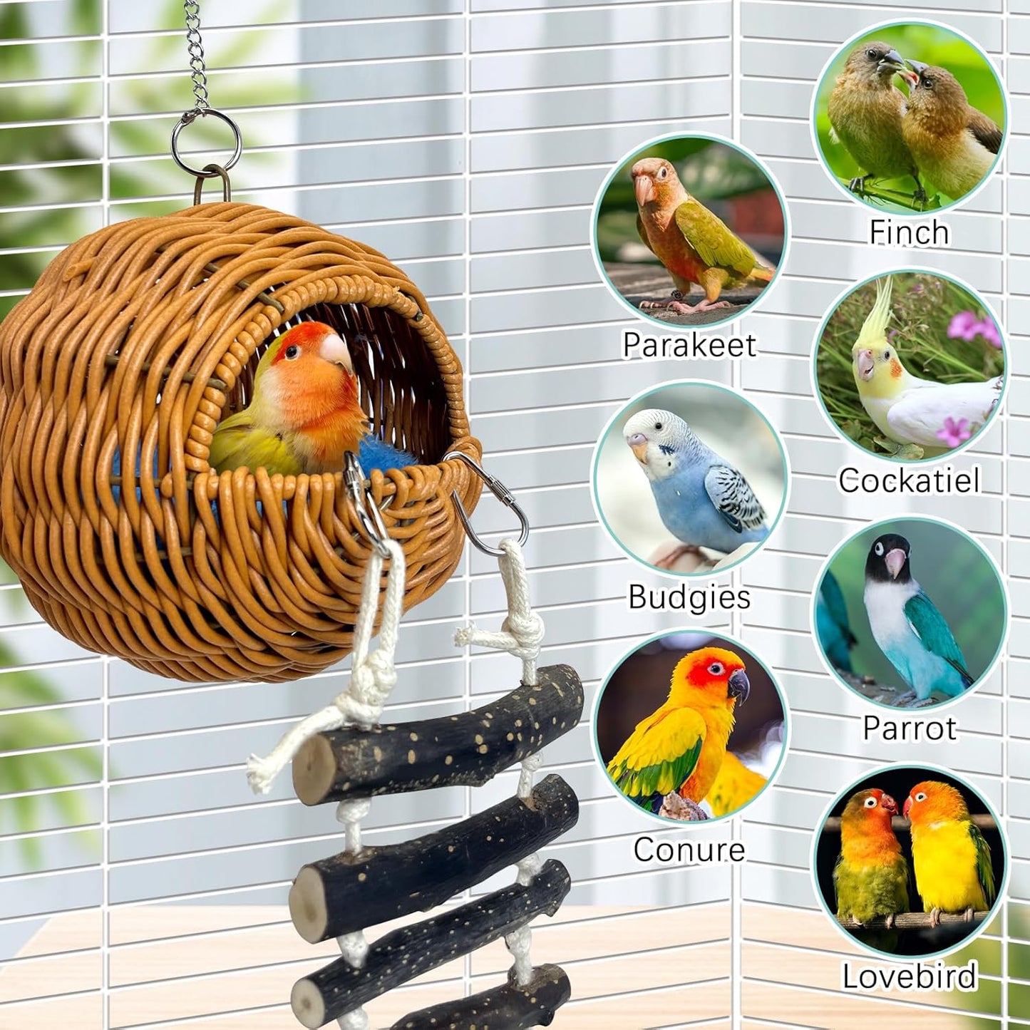 VCEPJH Rattan Bird Nest Hut with Ladder Hanging Bird House for Cage Parakeet Breeding Nest Paly Ground Hideaway for Budgies Conure Finch Cockatiel Parrot Lovebird