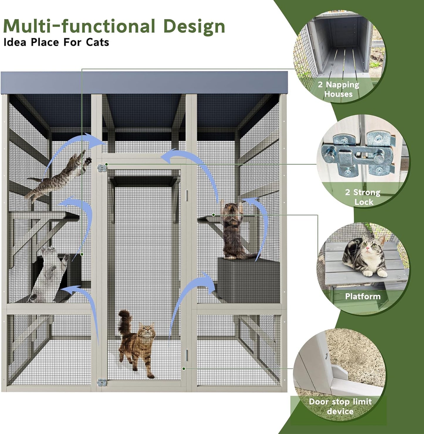 KEIKI 62.6" Outdoor Wooden Catio for Cats, Large Cat Shelter Enclosure with Platforms, Cat Houses with Secure Rust-Proof Wire and Upgrade, Waterproof CoverPet Cage for Patio or Backyard