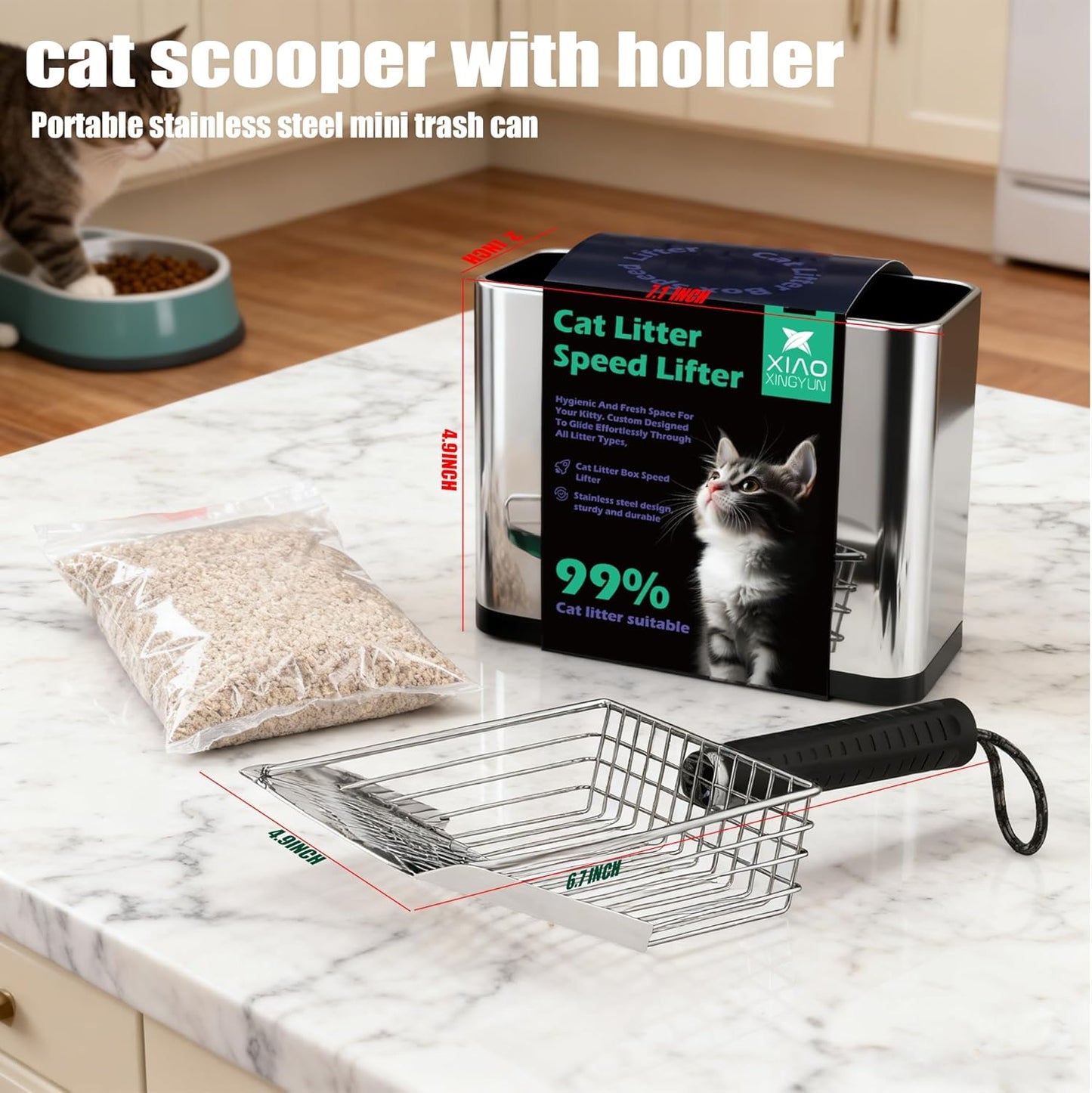 XIAOXINGYUN Stainless Steel Cat Litter Scoop, Metal Cat Litter Scooper with Holder, Heavy-Duty Cat Scooper with Coarse and Fine Grids for Quick Screening and Easy Cleaning