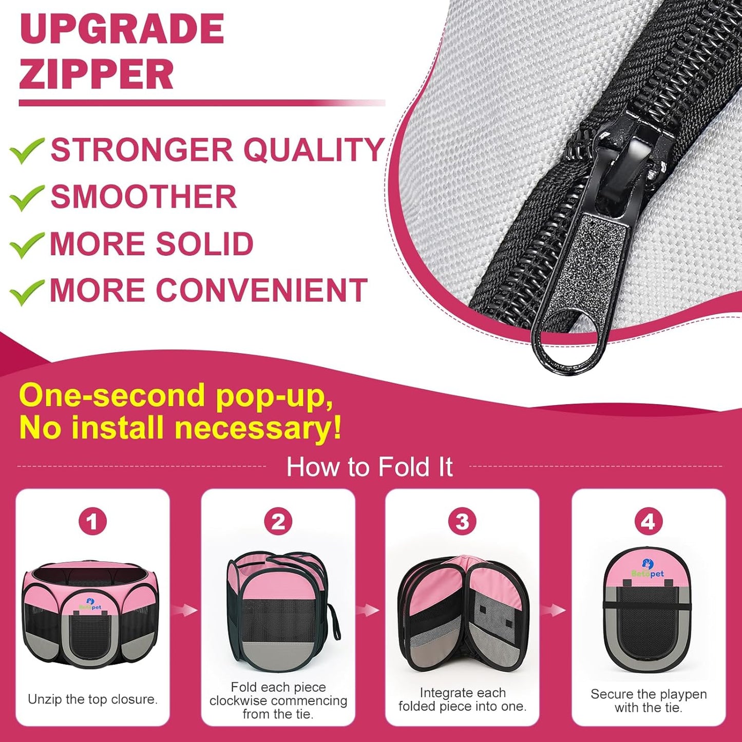 Playpen for Small Dogs Cats Crate: Puppy Play Pen Indoor Outdoor Foldable Potable Exercise Cage Pop up Kennel for Guinea Pig Rabbits Hamster Travel with Carrying Case & Food Bowl (Pink, L, 1)