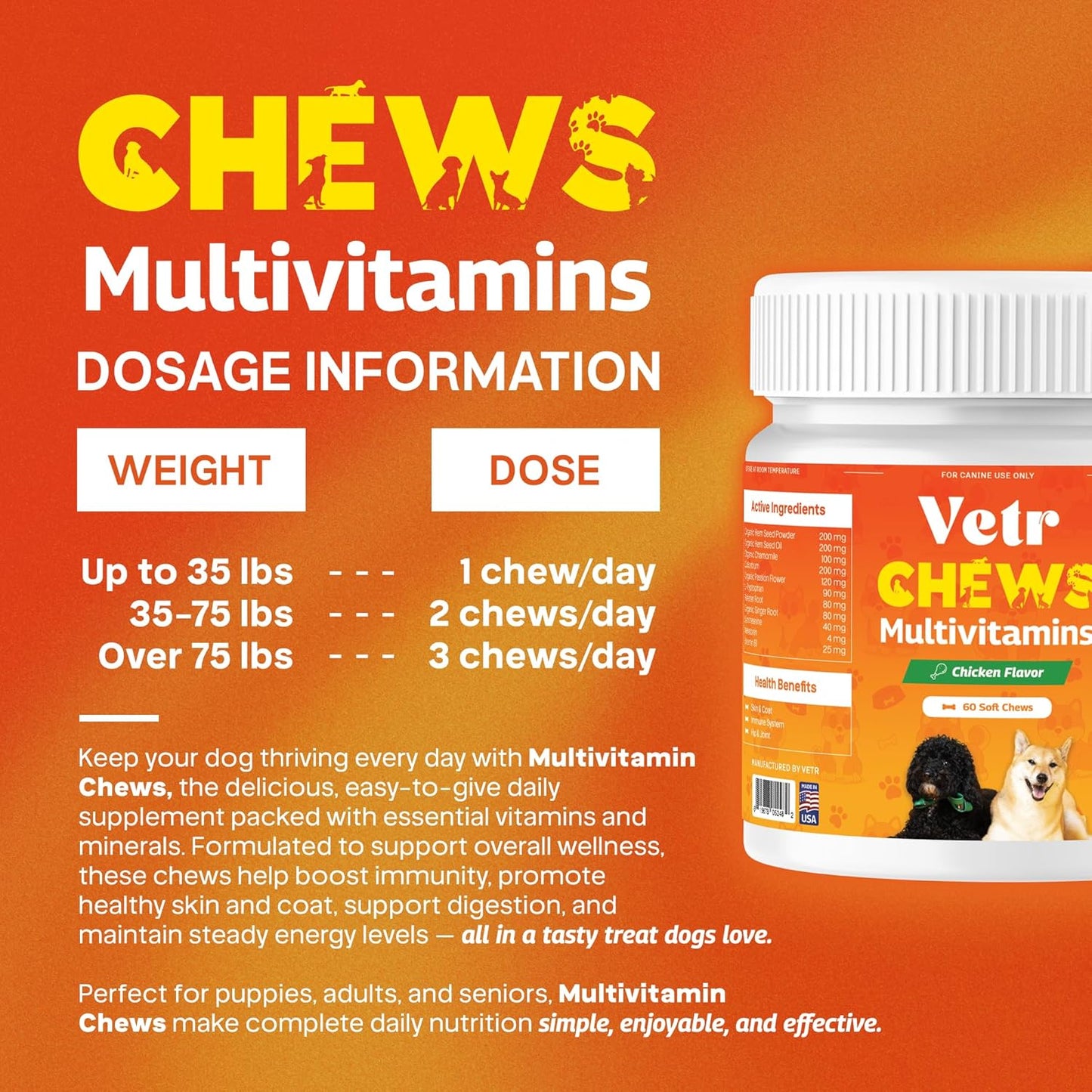 Vetr Multivitamin Treats for Dogs - Grain Free Dog Vitamins and Supplements for Skin & Coat, Glucosamine Chondroitin Joint Support - Chicken Flavored 60 Count - Vet-Formulated in USA