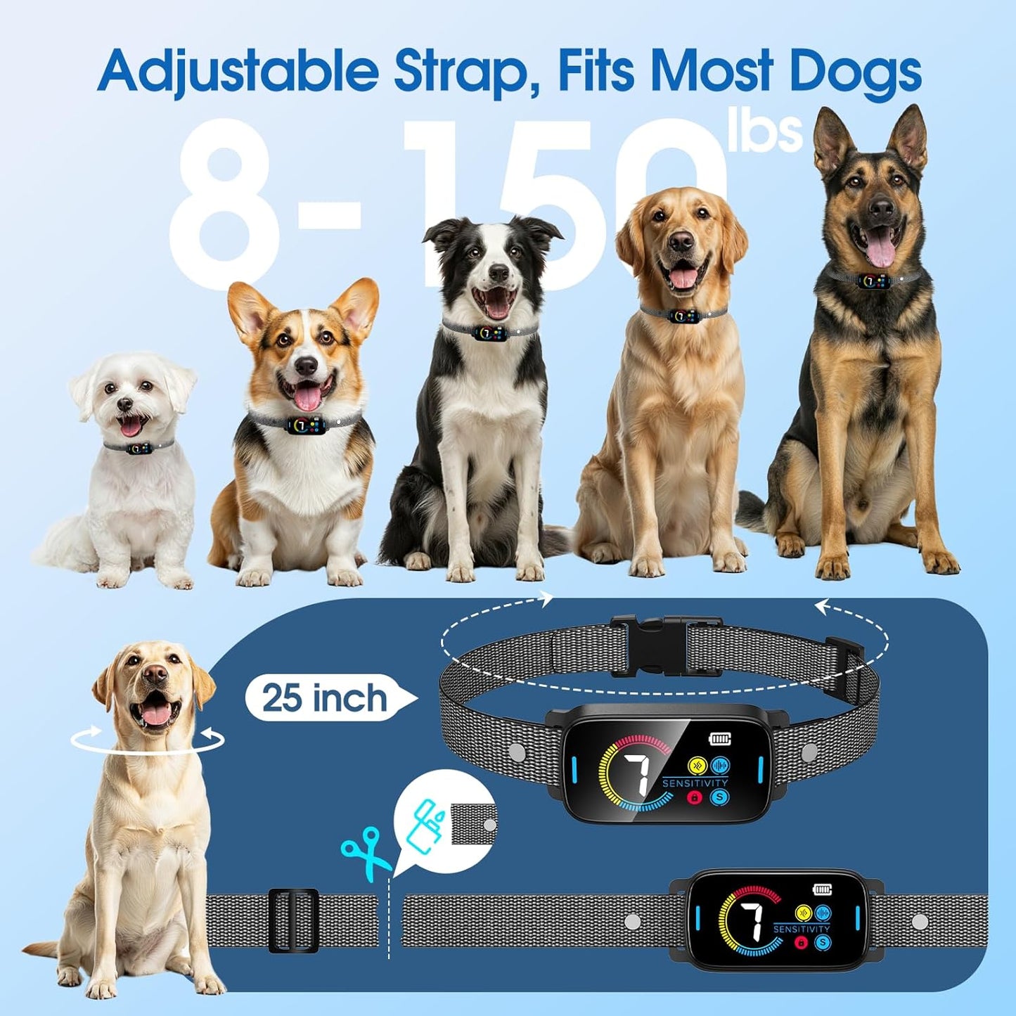 Ultrasonic Smart Bark Collar for Large Medium Small for Dogs Automatic Anti Barking Training Collar Rechargeable Bark Collar with Waterproof Vibration and Beep 7 Sensitivity Black