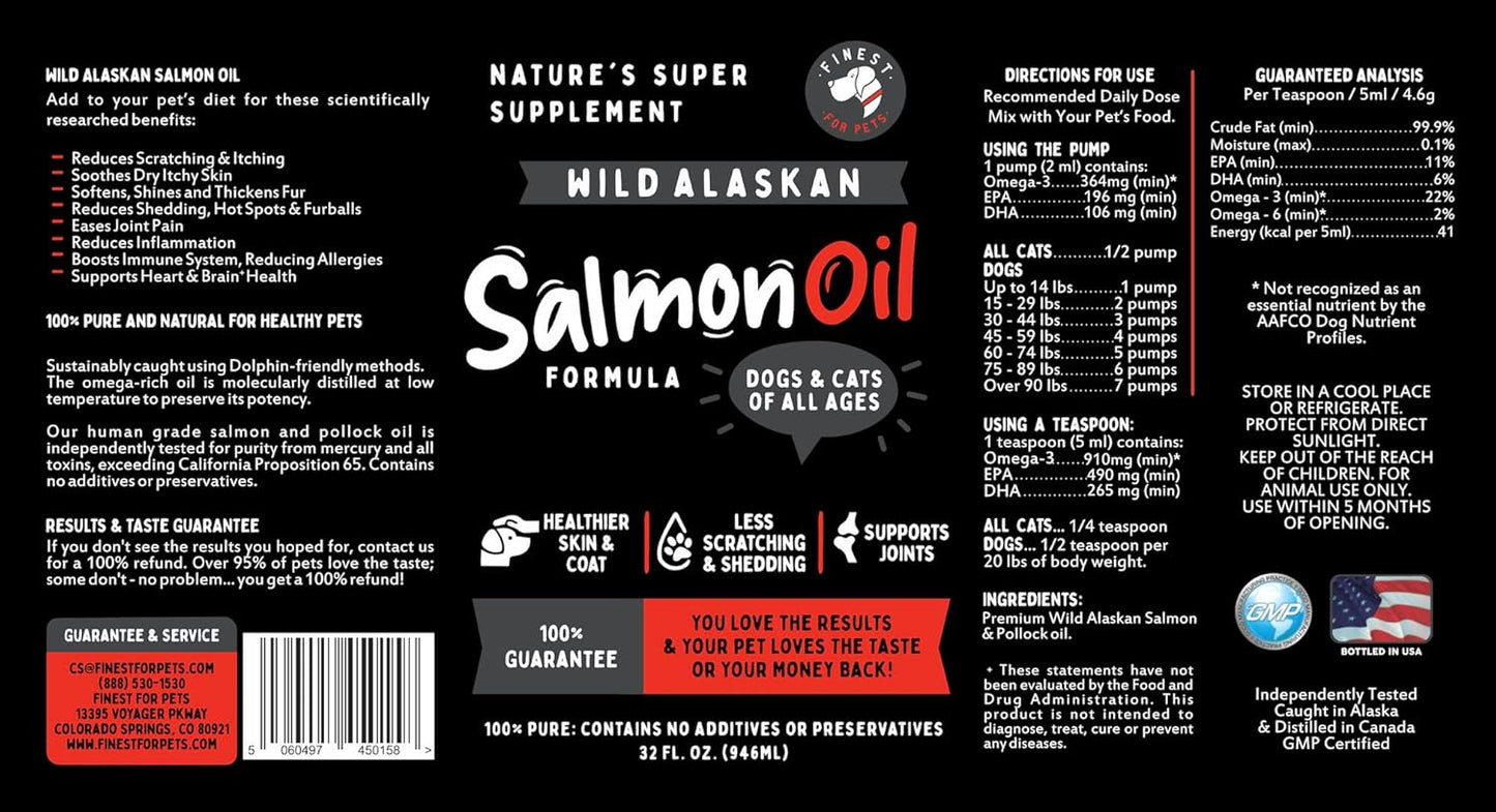 Finest For Pets Wild Alaskan Salmon Oil for Dogs & Cats - Omega 3 Fish Oil with Pollock & Salmon for Sensitive Skin & Coat Health. EPA & DHA Ease Itching, Supports Joint, Immune & Heart Health (32oz)