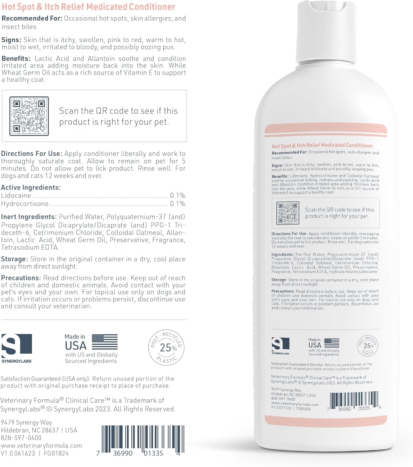 Veterinary Formula Clinical Care Hot Spot & Itch Relief Cat & Dog Medicated Conditioner, 16 oz – Oatmeal Conditions Skin for a Lustrous Coat, Formulated to Help Alleviate Itchy Skin