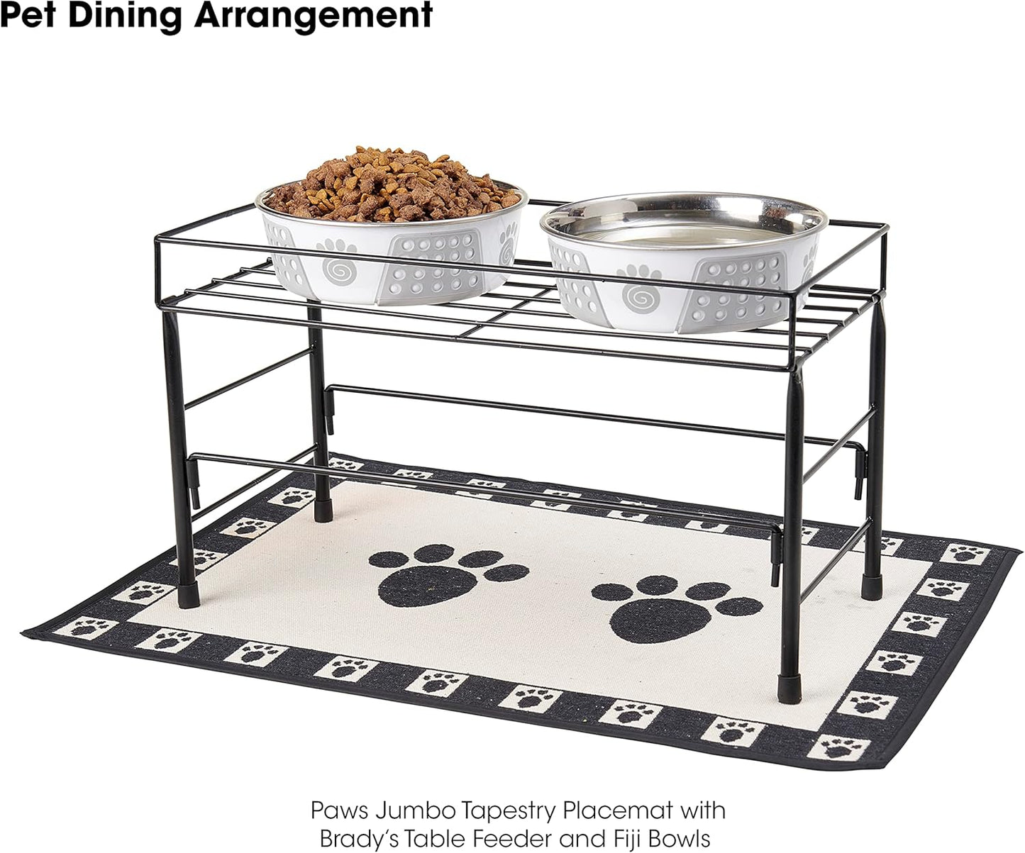 PetRageous 12049 Paws Jumbo Tapestry Dog and Cat Non-Skid Machine Washable Placemat for Pet Feeding Areas with Rubber Backing 18-Inch by 28-Inch for Dogs and Cats, Black and Natural (Pack of 2)
