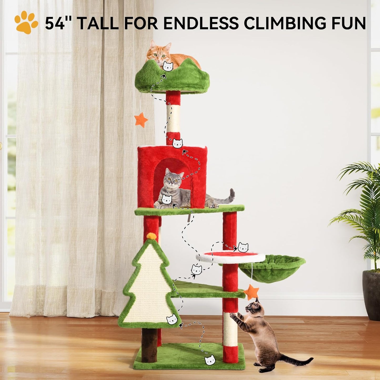 DWVO 54in Christmas Cat Tree Tower with Sisal Scratching Posts, Cat House Furniture with Cat Condos, Top Perches, Hammock, Kitty Tower Tall for Cats to Play and Sleep