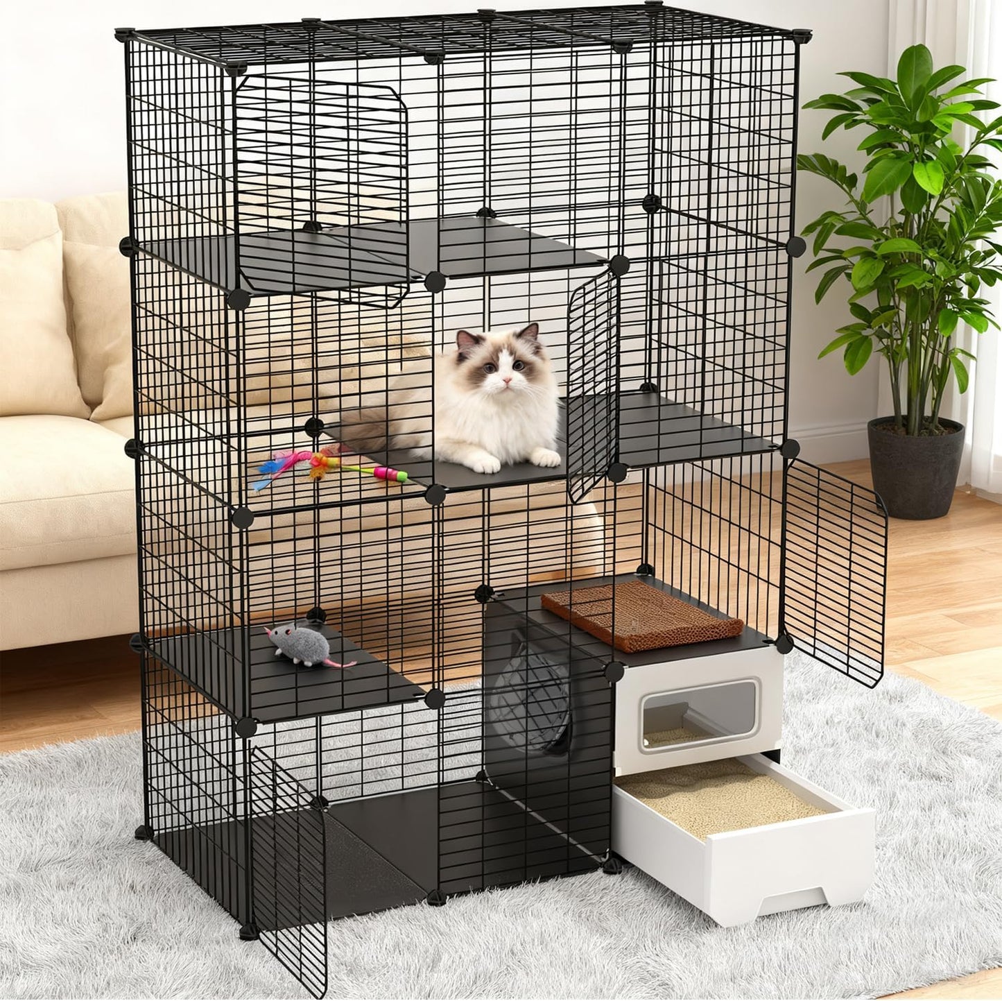 Cat Cage Indoor with Litter Box 4-Tier DIY Cat Crate, Cat Playpen Indoor & Outdoor Detachable Metal Wire Large Exercise Place Ideal