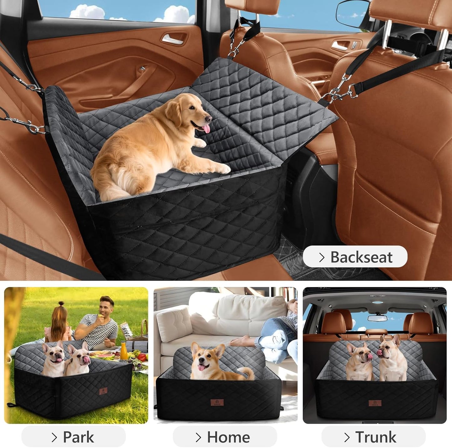 Dog Car Seat for Medium Dogs up to 55 lbs or 2 Small Dogs, Booster Car Seat with 4" Egg-Crate Foam, Detachable & Washable Cover (Black/Grey)