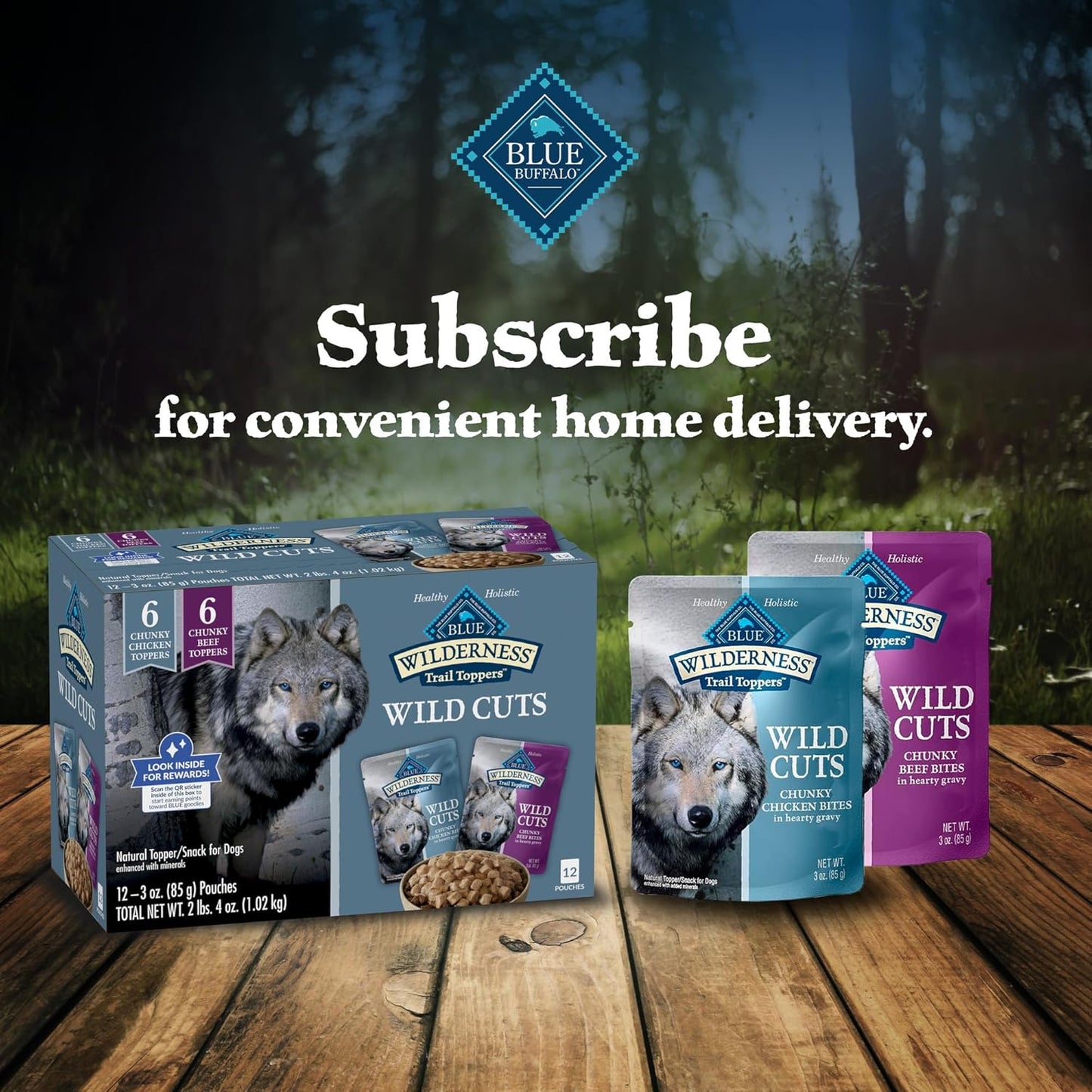 Blue Buffalo Wilderness Trail Toppers Wild Cuts Wet Dog Food Variety Pack, High-Protein & Grain-Free, Made with Natural Ingredients, Chicken and Beef Flavors, 3-oz Pouches, (12 Count, 6 of Each)