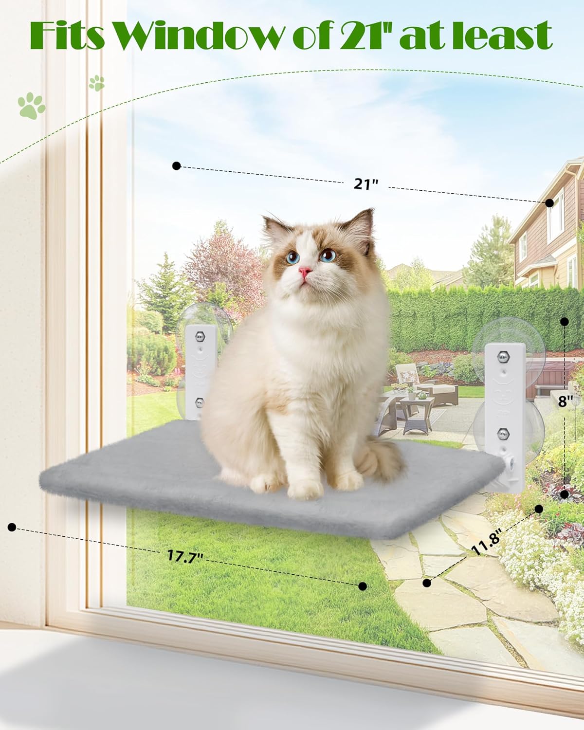 keny Foldable Cat Window Perch with 4 Larger Suction Cups, Cordless Window Bed with Reversible Cover for Cats Inside, Grey
