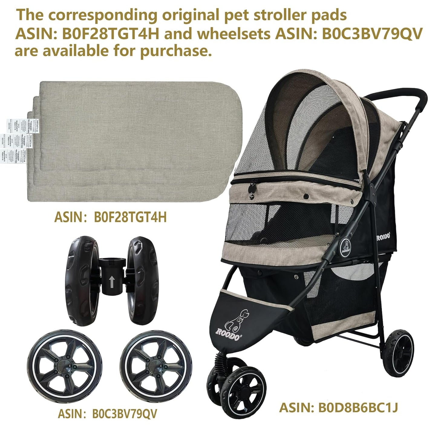 ROODO 3 Wheel Dog Pet Cat Stroller Best Lightweight Foldable Compact Portable Jogger All Terrain Travel Pet Gear Puppy Kitty Stroller for up to 30lbs Medium Small Dogs and Cats(Light Khaki)