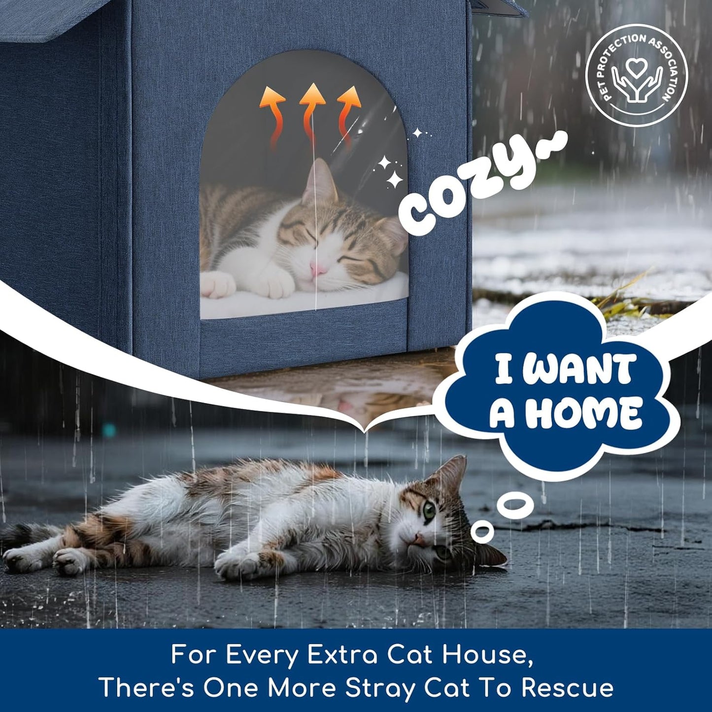 Outdoor Cat House Weatherproof, Insulated Cat Houses for Outdoor/Indoor Cats for Winter, Waterproof Feral Stray Cat Shelter with Door Curtain and Warm Cushion, Easy to Assemble, Navy Blue
