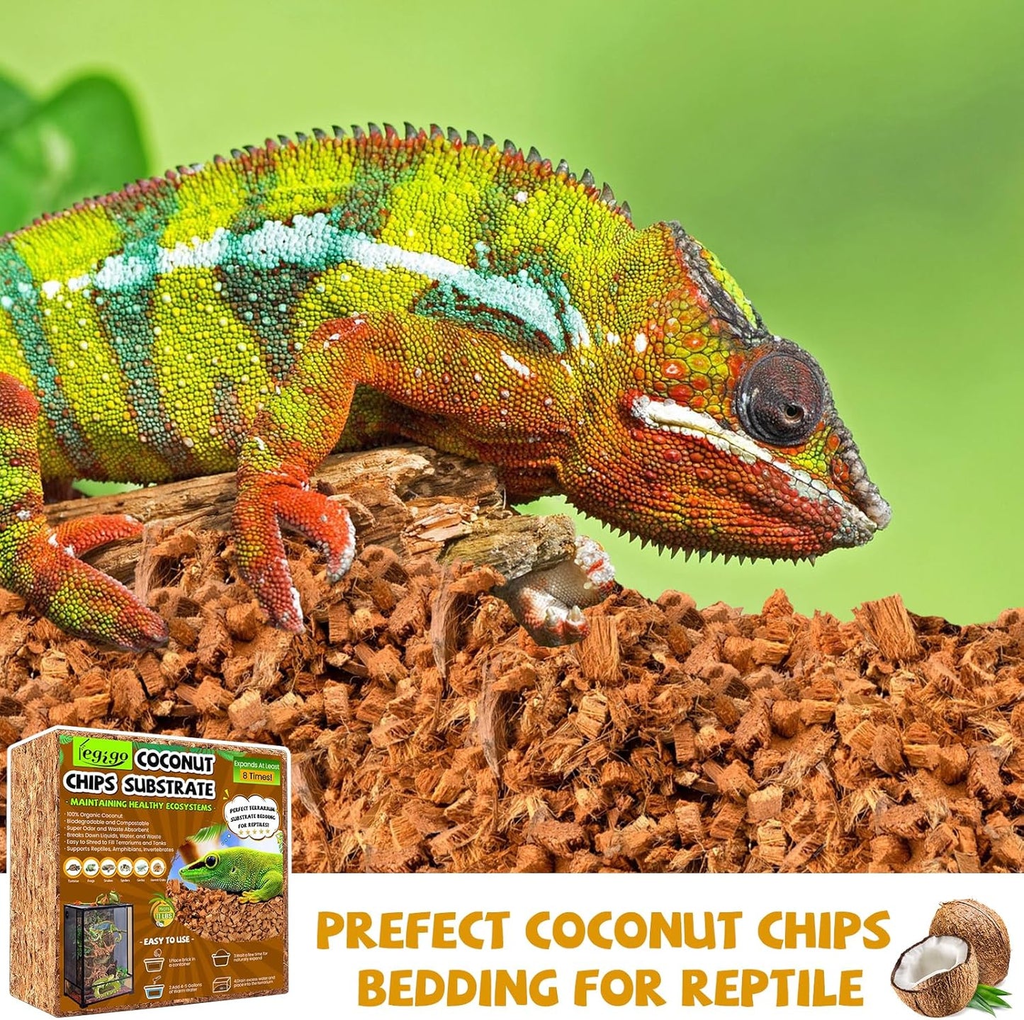 Legigo 10LBS Coconut Chip Substrate for Reptiles, 72QT Natural Coco Husk Chip Reptiles Bedding, Compressed Coconut Chip Substrate for Snake, Tortoise, Ball Python, Gecko, Lizard Terrarium Tanks