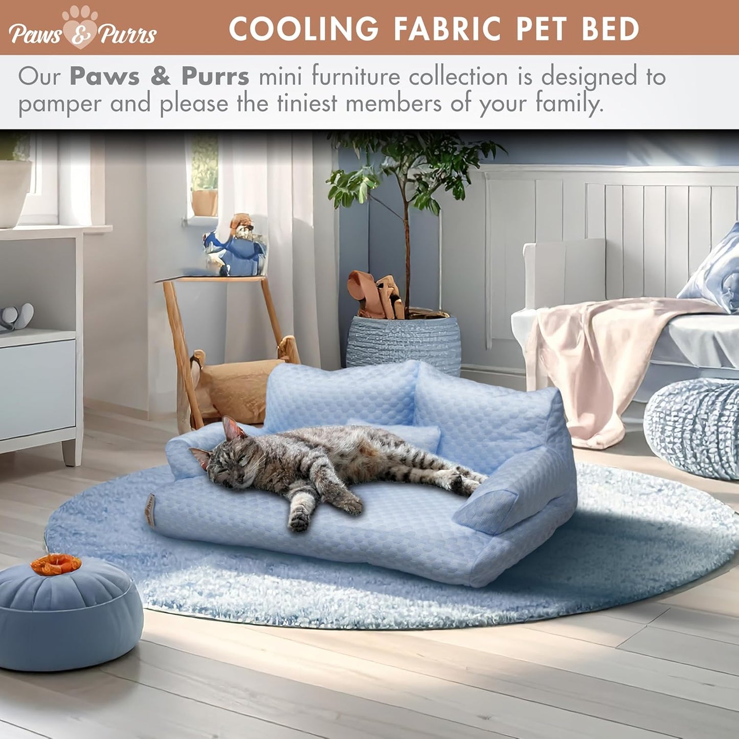 Paws & Purrs Cooling Pet Sofa Bed for Small Dogs or Cats, Breathable Fabric, Supportive Bolsters, Removable Washable Cover, Non-Slip Base, Sofa Pet Lounger Includes Mini Play Cushion, Blue