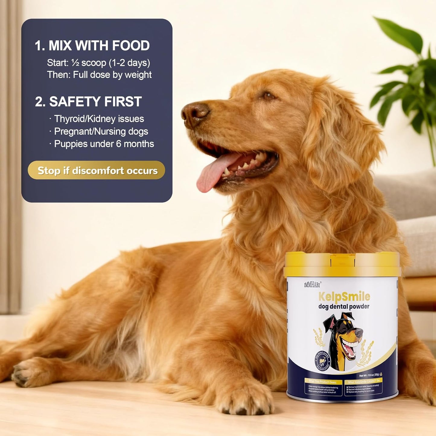 Natural Dental Powder for Dogs, Dog Breath Freshener Teeth Cleaning Powder Plaque Off Tartar Remover Bad Breath for Cats with Herbal Blend Probiotics, 10.56oz (60 Scoops)