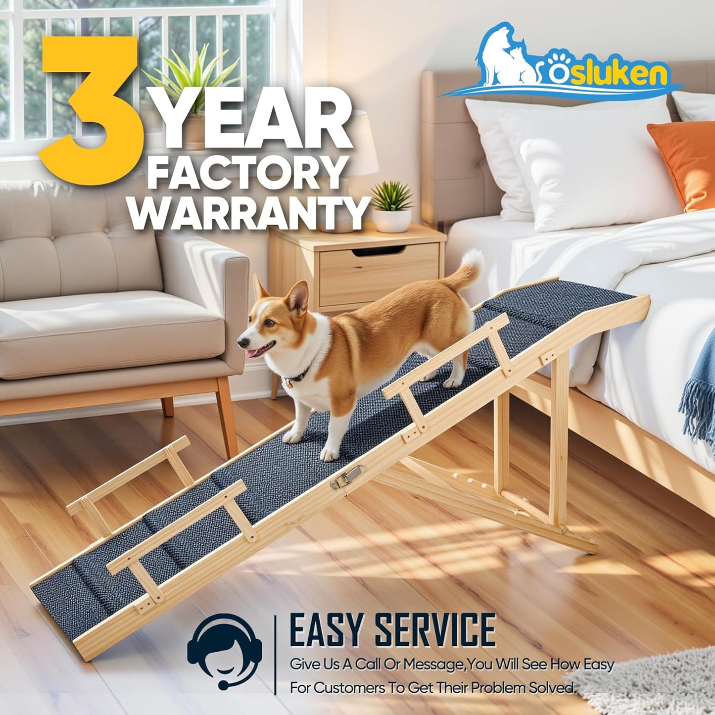 Dog Ramp for Bed with Rails, 64" Long Foldable Pet Ramp for Small Large Dogs, Dog Ramps for High Beds with Safety Side Railng, 6 Adjustable Heights 24" to 30" Up to 220LBS (Gray, 64" X 17inch)