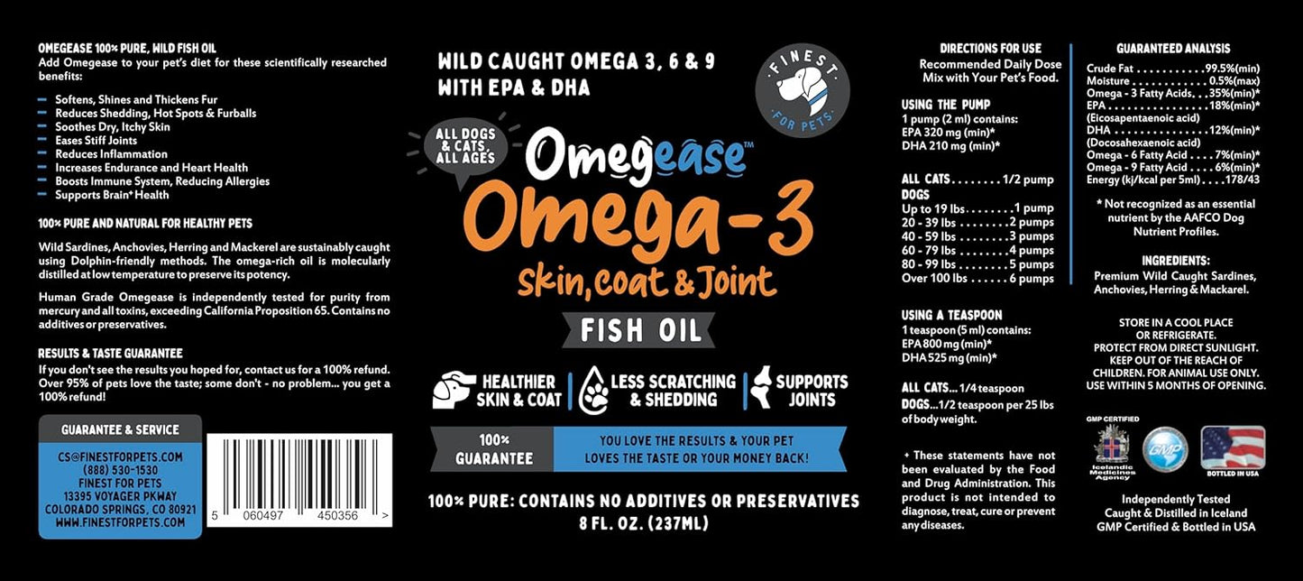 Omegease Fish Oil for Dogs & Cats - Finest for Pets Omega 3 for Cats & Dogs - Supplement for Skin & Coat, Itching, Shedding, Joints & Immune Health - 100% Pure Omega Fish Oil with EPA & DHA (8 oz)