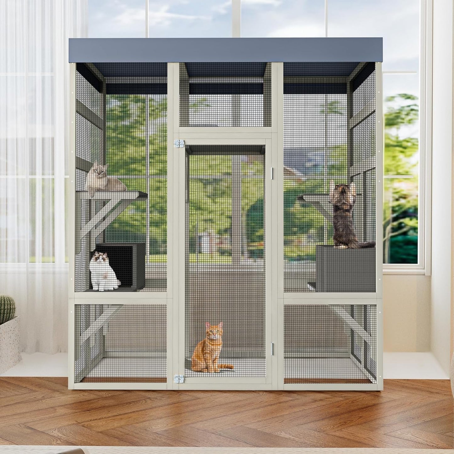 70" Large Outdoor Catio Cat Enclosure, Wood Cat Patio with Waterproof UV-Resistant Roof, Cats Shelter with 5 Platforms and 2 Resting Box, and Secure Rust-Proof Wire for Backyard or Patio