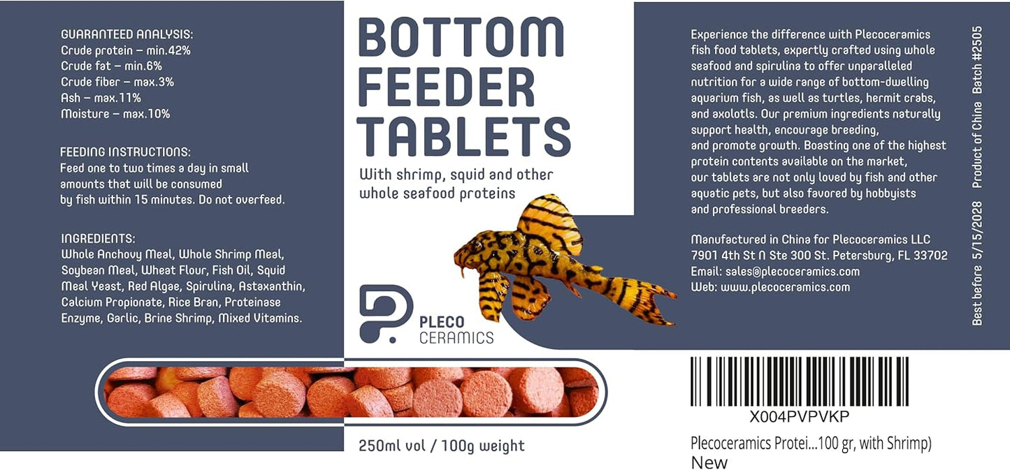Plecoceramics Protein Wafers Universal Fish Food for Aquarium Fish - Turtle, Goldfish, Catfish - Algae Wafers for Bottom Feeders - Protein Pellets (100 gr, with Spirulina)