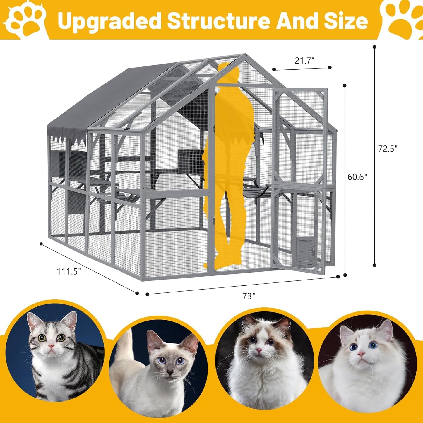 110" Outdoor Cat Catio Enclosure,Cats House Big Wooden Cat Shelter with Platforms,Upgrade Waterproof Cover,Large Spacious Interior,Two Small Sliding Doors,Grey
