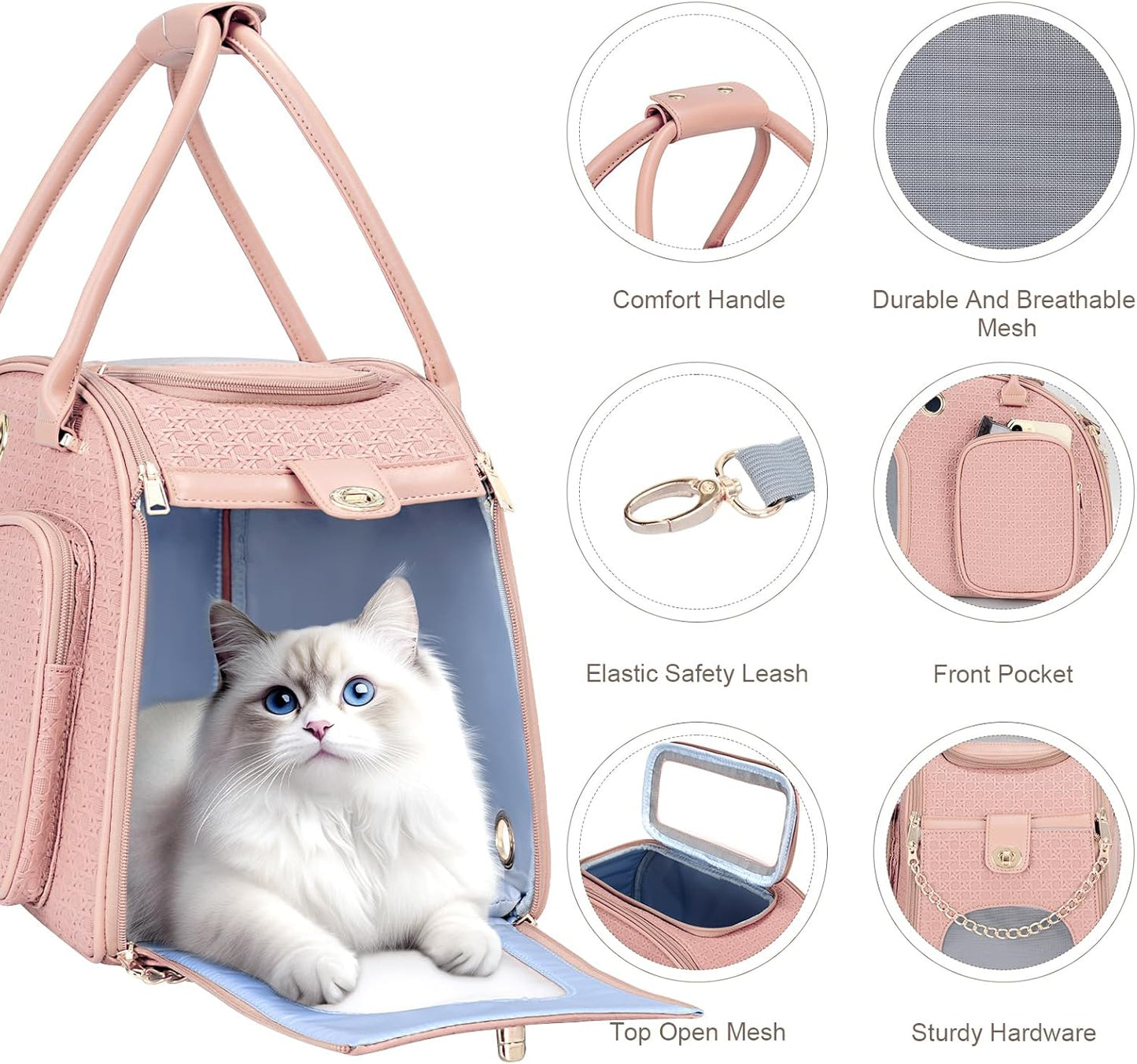 Stylish Luxury Dog Carrier Purse for Small Dogs, Ventilated Pet Soft-Sided Dog Cat Carrier Travel Tote Bag for Puppies Small Animals with Pockets (Pink, 16.9inch x 9inch x 11.8inch(LxWxH))