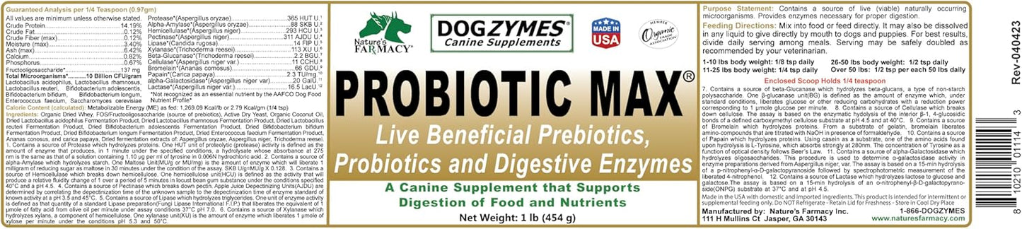 Dogzymes Probiotic Max -10 Billion CFU's Probiotics, Prebiotics, Digestive Enzymes - Relieves Diarrhea, Upset Stomach, Constipation, Gas, Allergy, Immunity & Overall Health 1 Pound