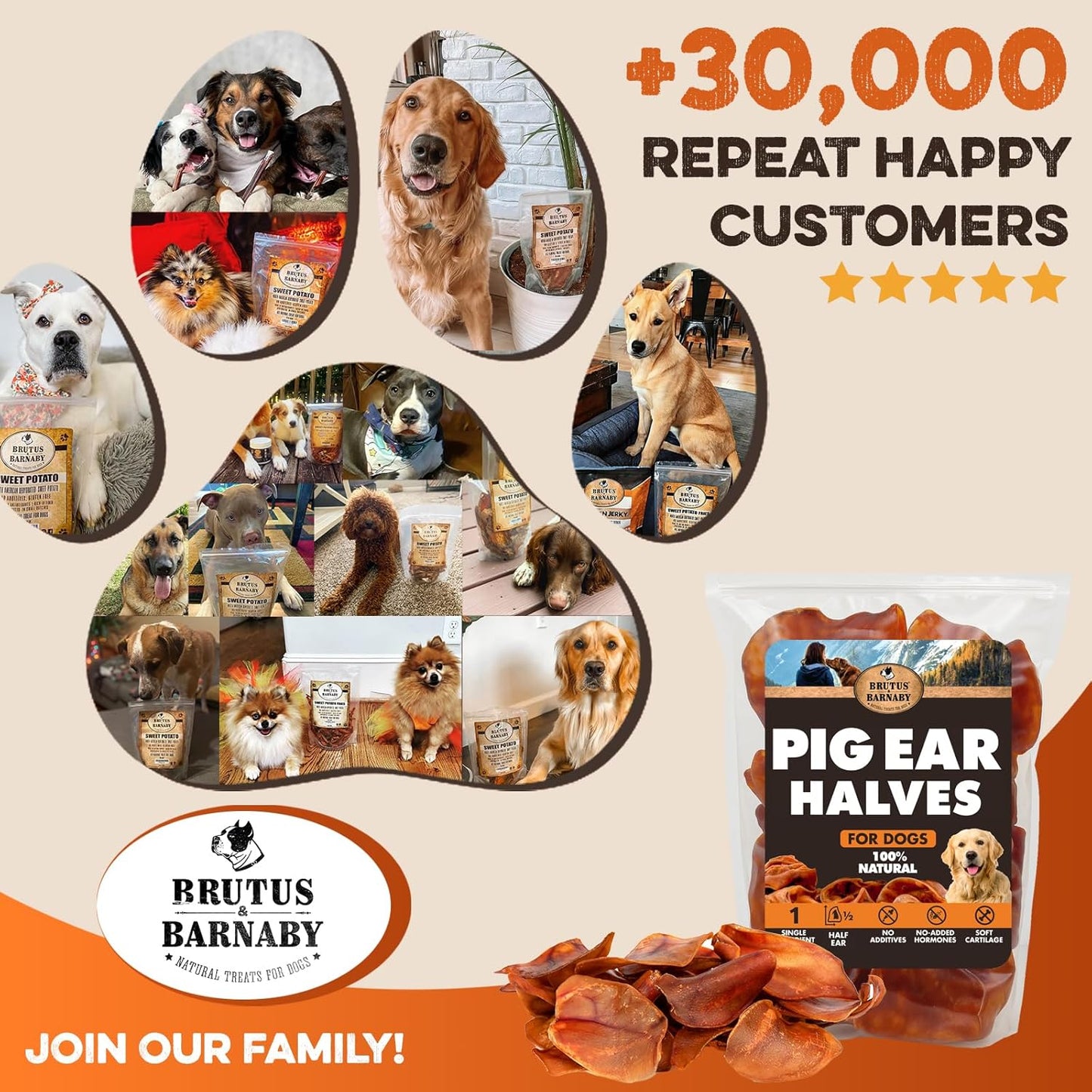 BRUTUS & BARNABY Pig Ear Halves for Dogs, 15 Ct. – All-Natural Single Ingredient Dog Chews, Slow Cooked & Fully Digestible Rawhide Alternative