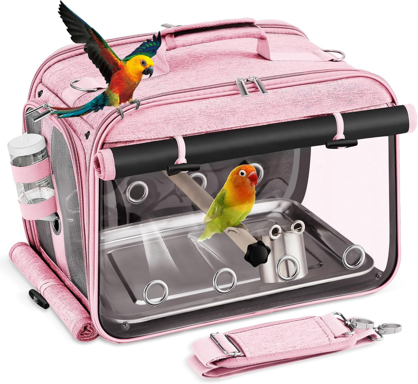 Sanmoncare Airline Approved Bird Carrier, Indestructible Stainless Steel Mesh Parrot Travel Cage, Cockatiels Travel Carrier Lightweight and Portable with Water Bottle and Bowl