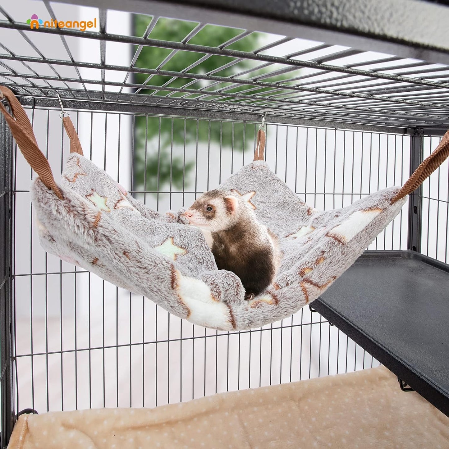 Niteangel Hanging Hammock Nap Sack Swing Bag Pet Sleeper for Ferret Rat Sugar Glider and Other Small Animals (Cream, Star)