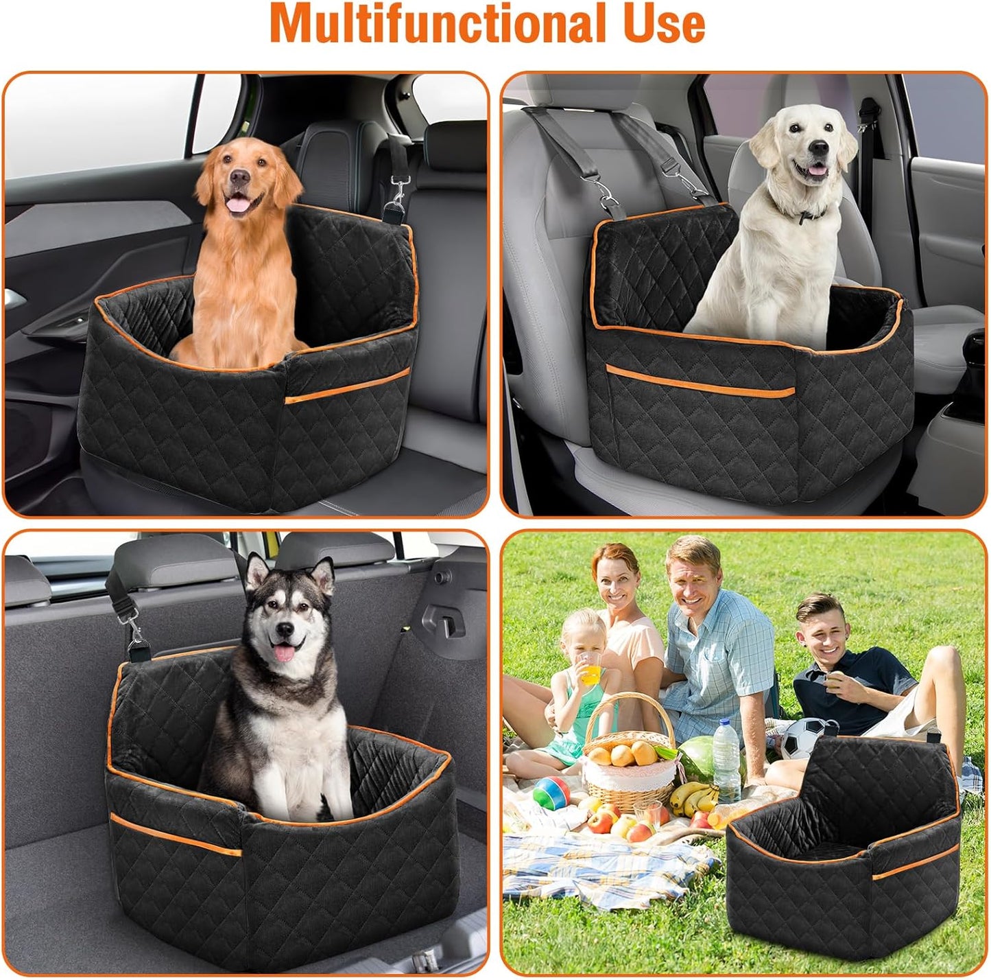 Dog Car Seat for Small Medium Dogs, Dog Carseats with Removable Thick Cushion, Detachable Washable Dog Booster Seat with Storage Pockets & Safety Belt, Soft Safety Pets Car Travel Carrier Bed, Black
