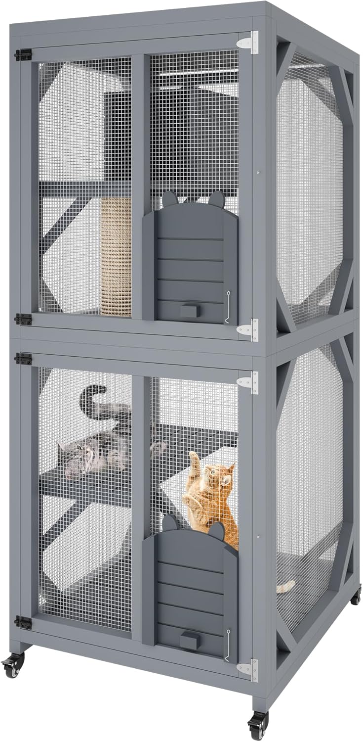 4 Tier Wood Catio Outdoor Window Cat Enclosure, Cat House On Wheels with Scratch Post, Resting Box, 4 Platforms, 2 Sliding Doors & Weatherproof Roof, Cats Kitty Condo Cage Shelter Playpen